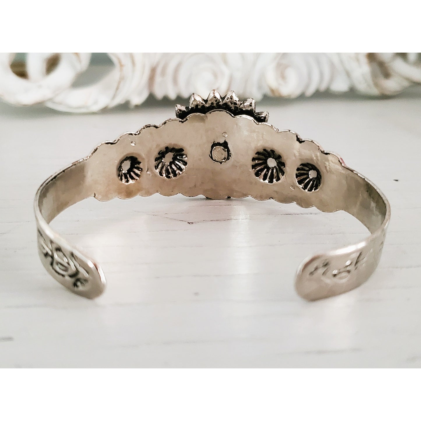 Vintage Turquoise and Silver Tone Floral Cuff Bracelet