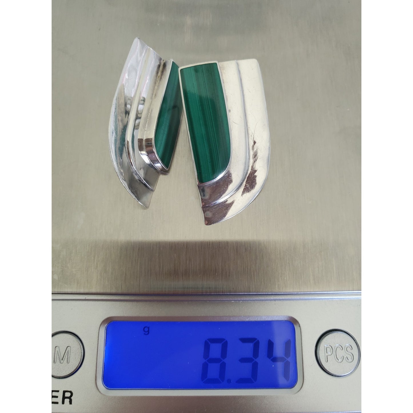 Vintage Sterling Silver Modernist Malachite Stud Earrings