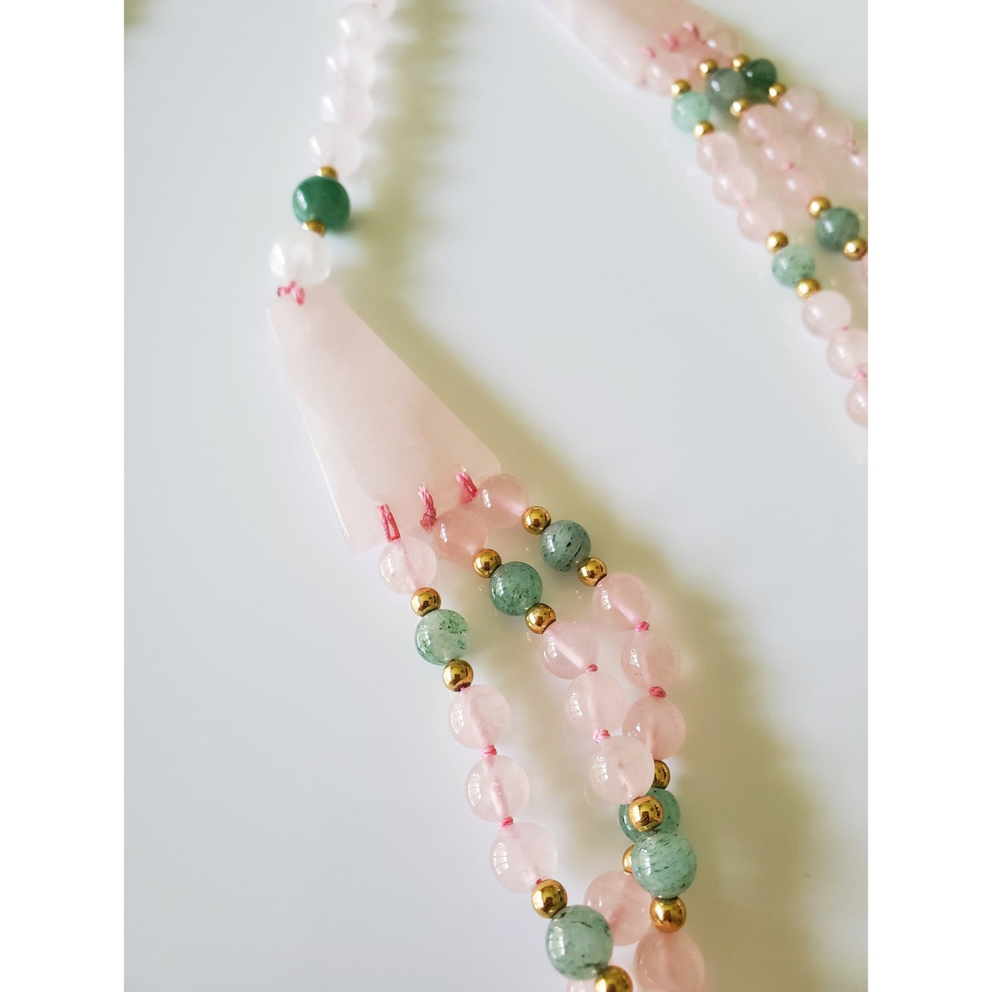 Vintage Multi Strand Rose Quartz and Jade Beaded Necklace