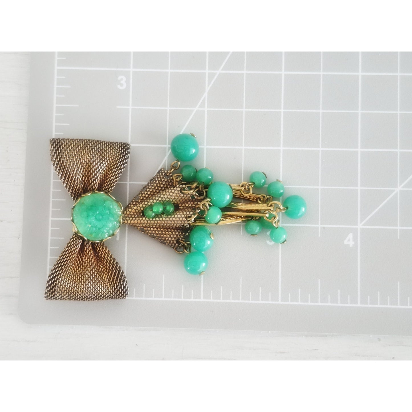 Vintage Antique Faux Jade Bow-tie Dangle Brooch