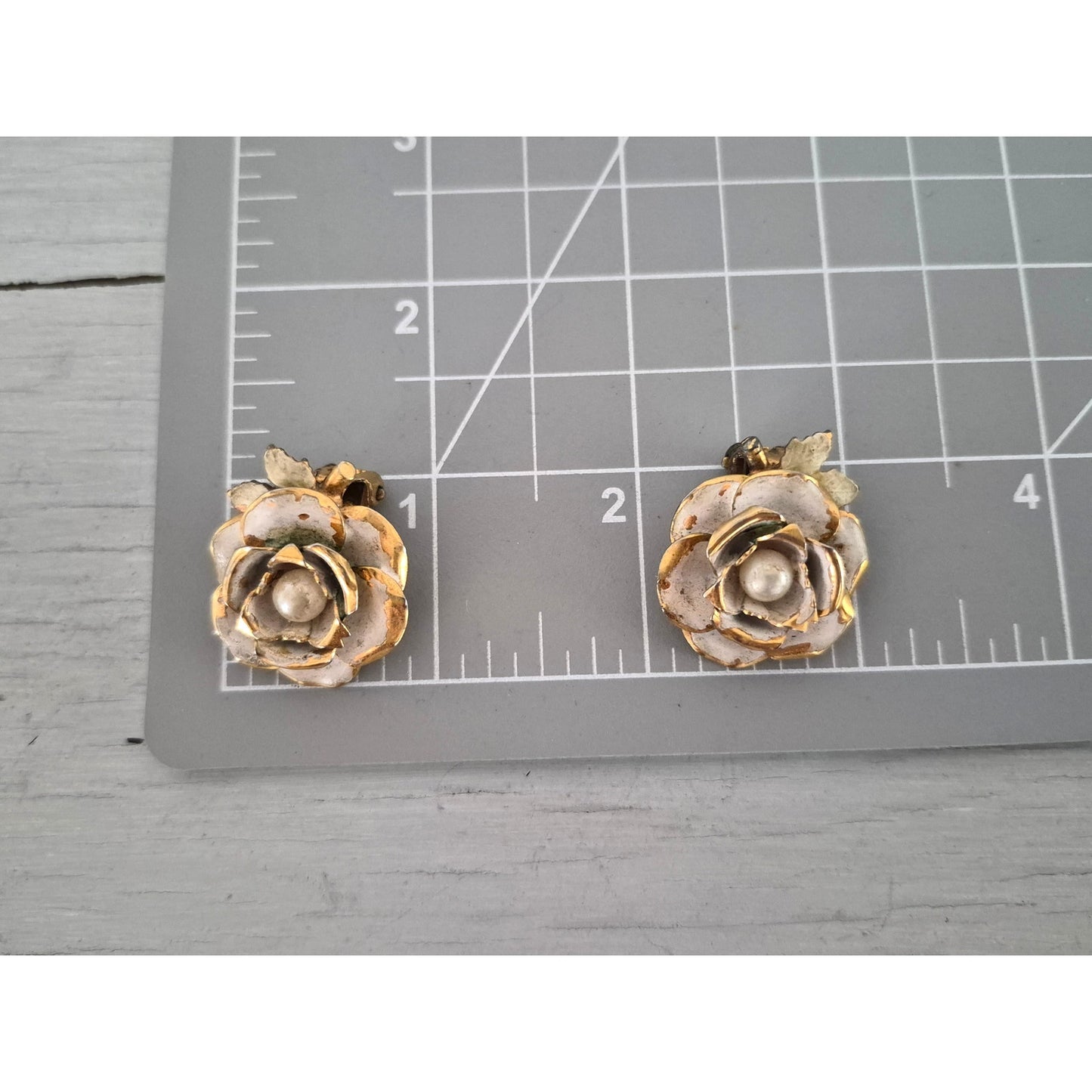 Vintage MCM White Enamel White Rose Faux Pearl Clip On Earrings
