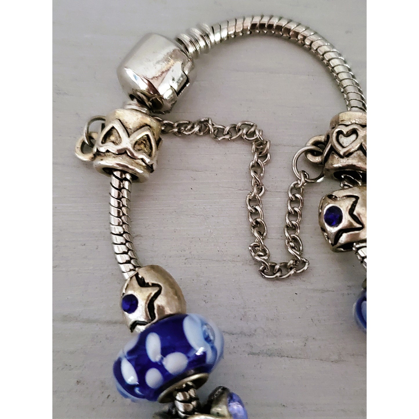 Silver-tone Blue Glass Floral Charm Bracelet