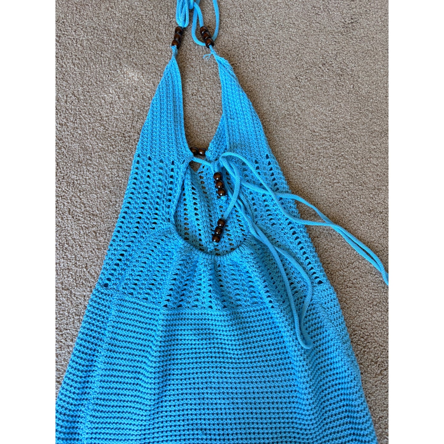 Blue Knit Crochet Cover Up Dress with Wooden Beads