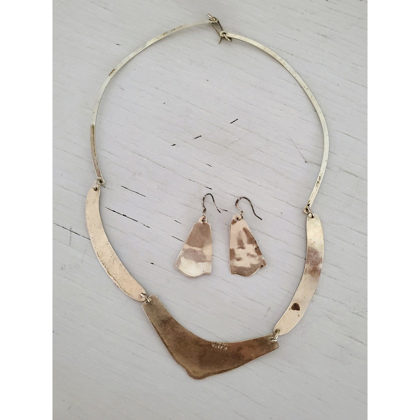 Vintage Silver Alpaca Mexican Abalone Inlay Necklace and Earring Jewelry Set