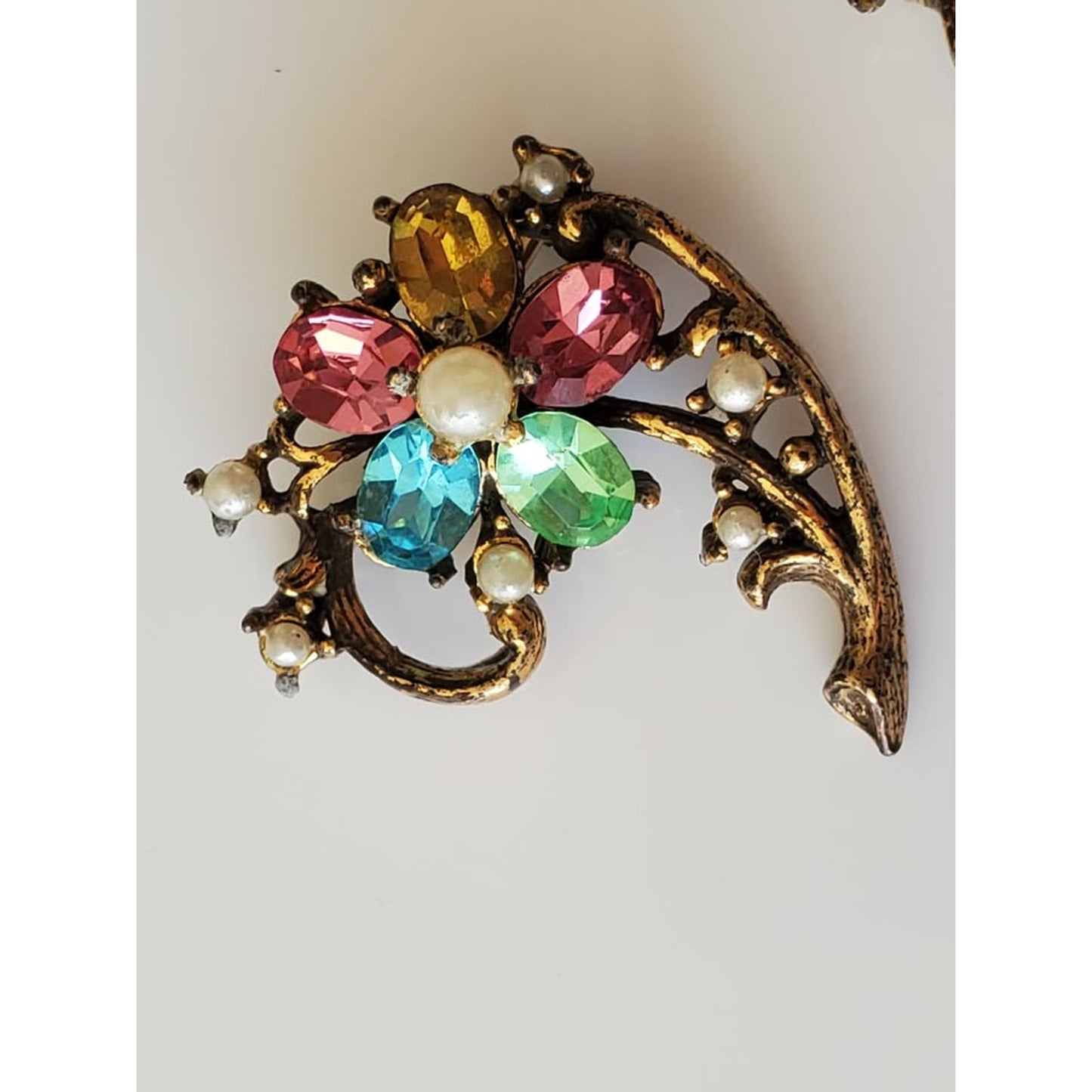 Vintage Mid-Century Pastel Floral Rhinestone and Pearl Brooch Set