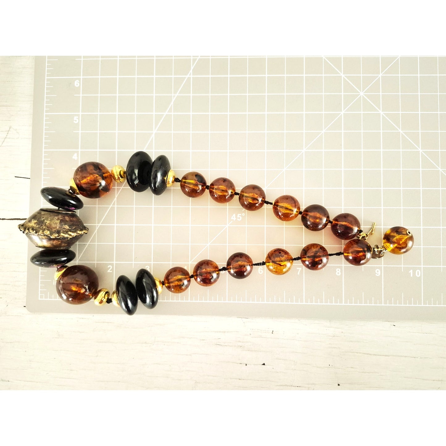 Vintage Les Bernard Designer Chunky Amber Brass Bead Necklace
