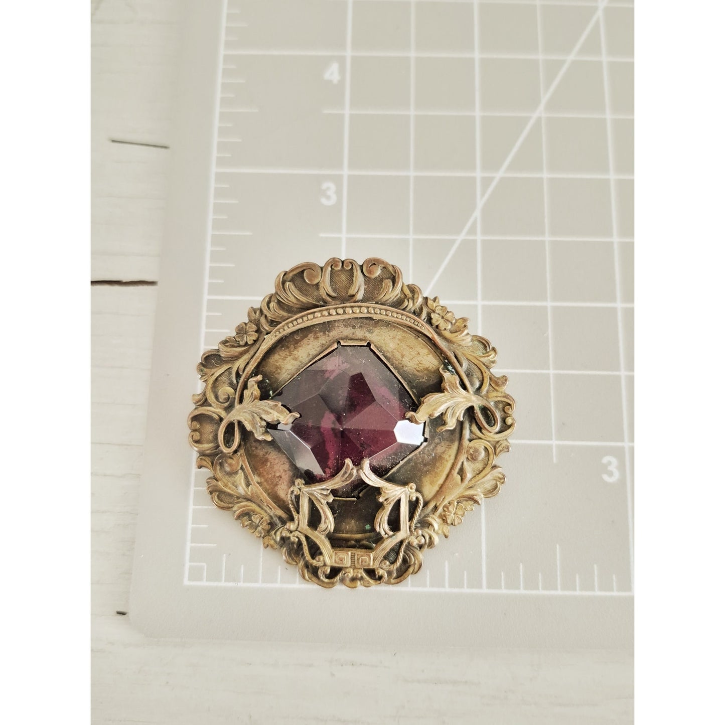 Antique Vintage Purple Stone Brass Sash Dress C-Clasp Pin