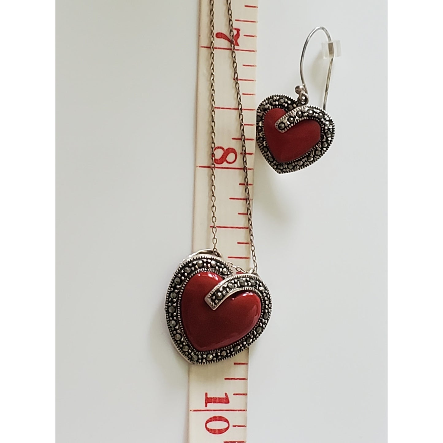 Sterling Silver Red Heart Marcasite Necklace and Earring Set
