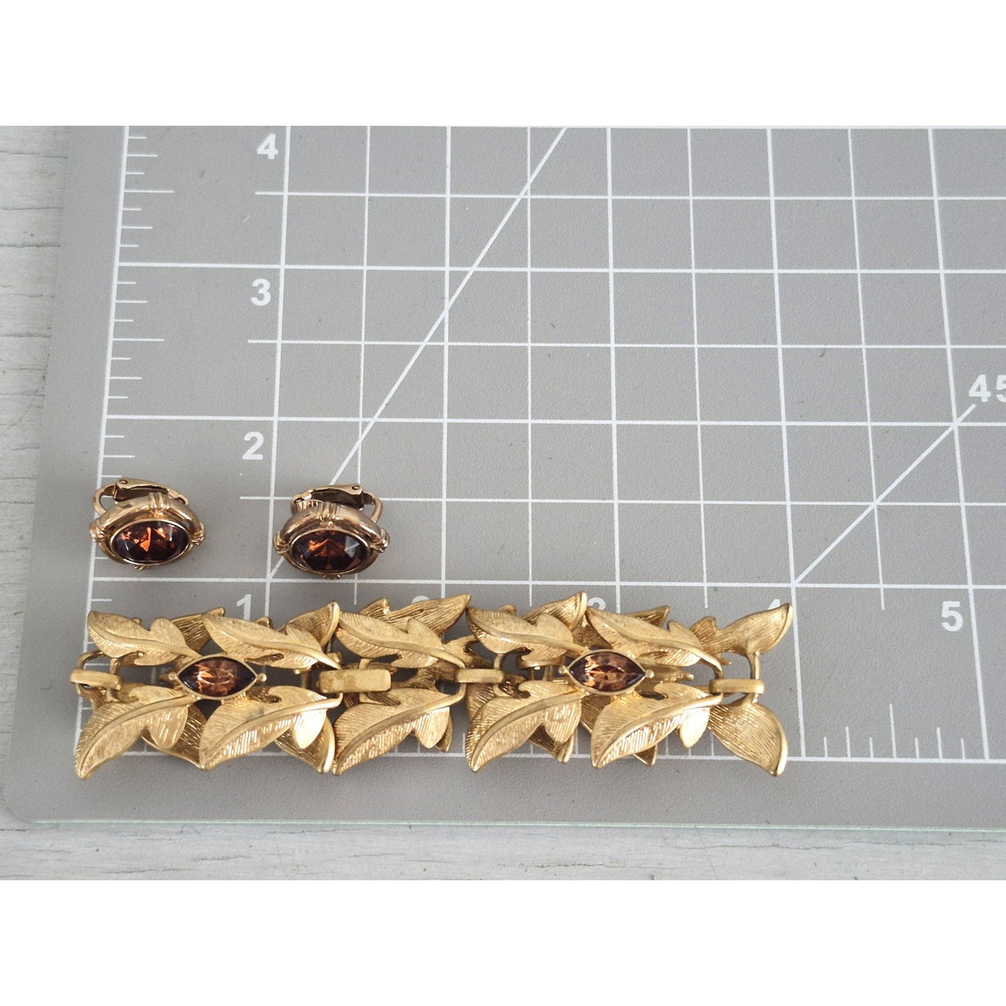 Vintage Gold-tone Avon Faux Topaz Earrings and Leaf Bracelet