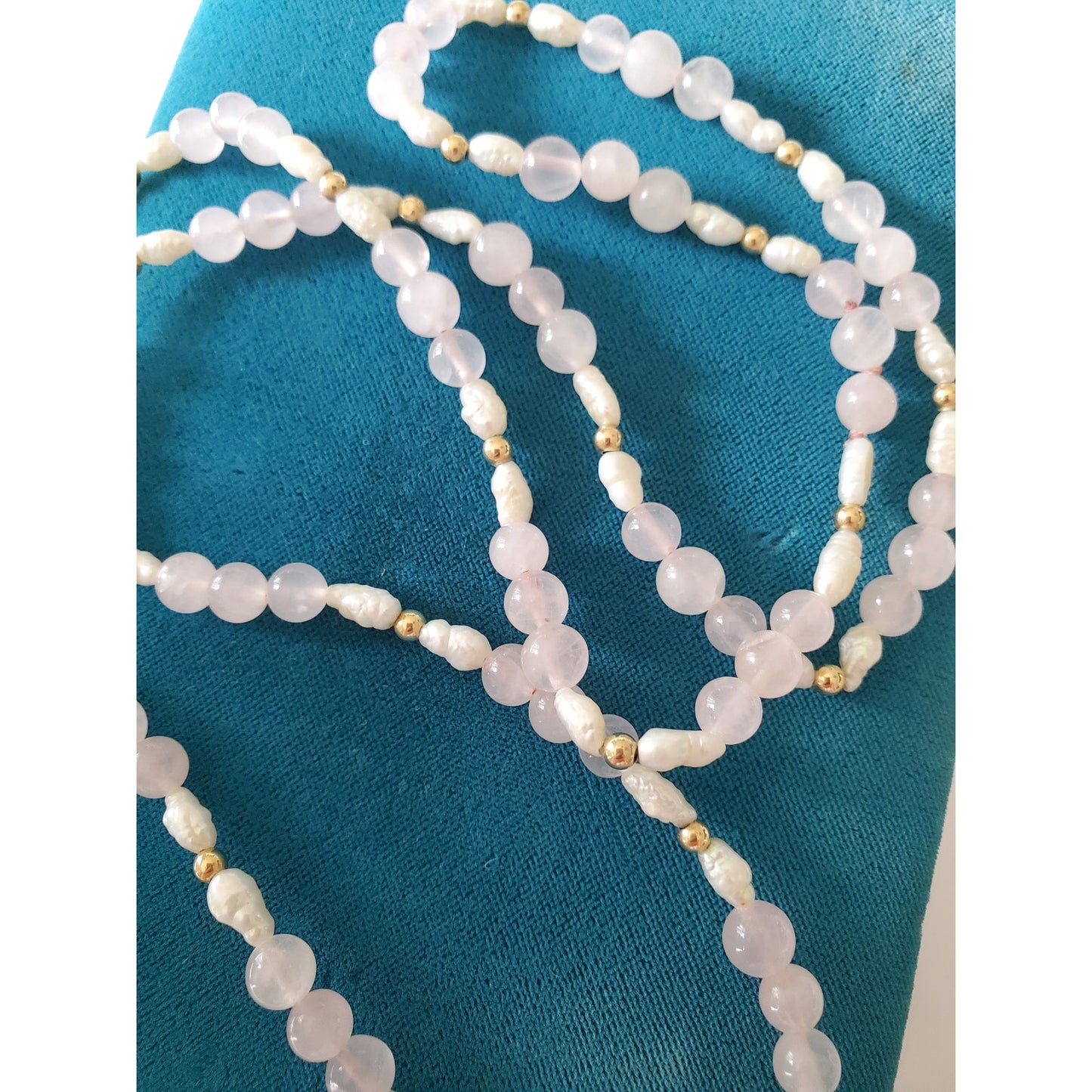 Vintage Rose Quartz Rice Pearl and Gold-tone Beaded Necklace