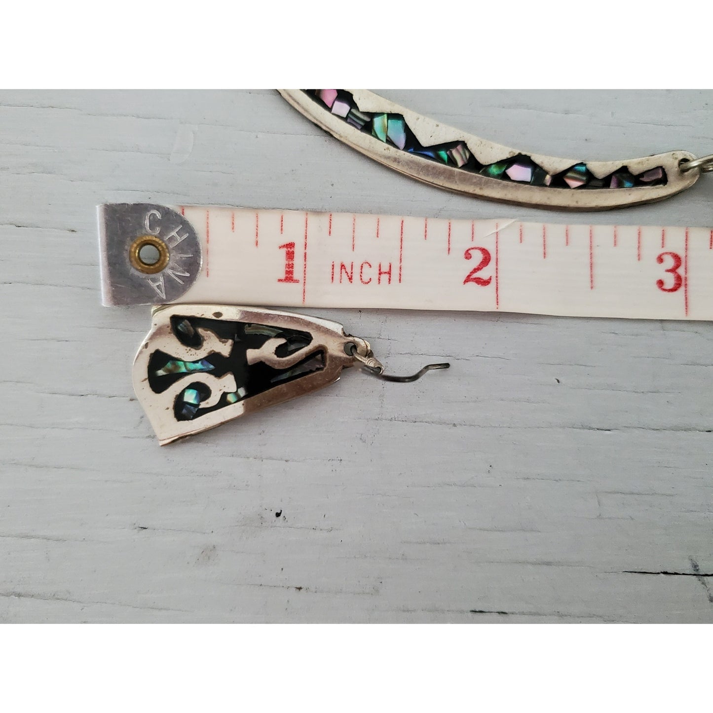 Vintage Silver Alpaca Mexican Abalone Inlay Necklace and Earring Jewelry Set
