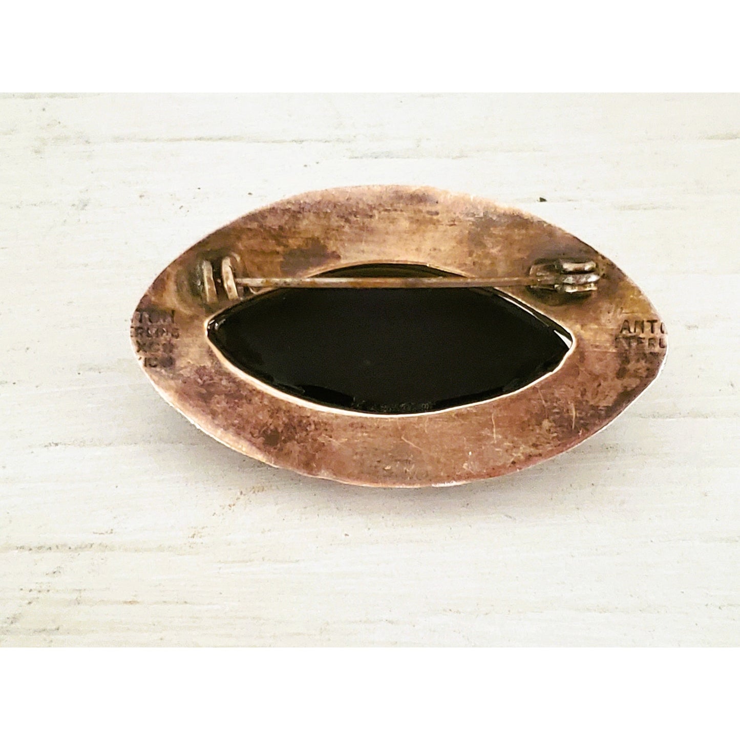 Vintage Sterling Silver Floral Oval Onyx Brooch