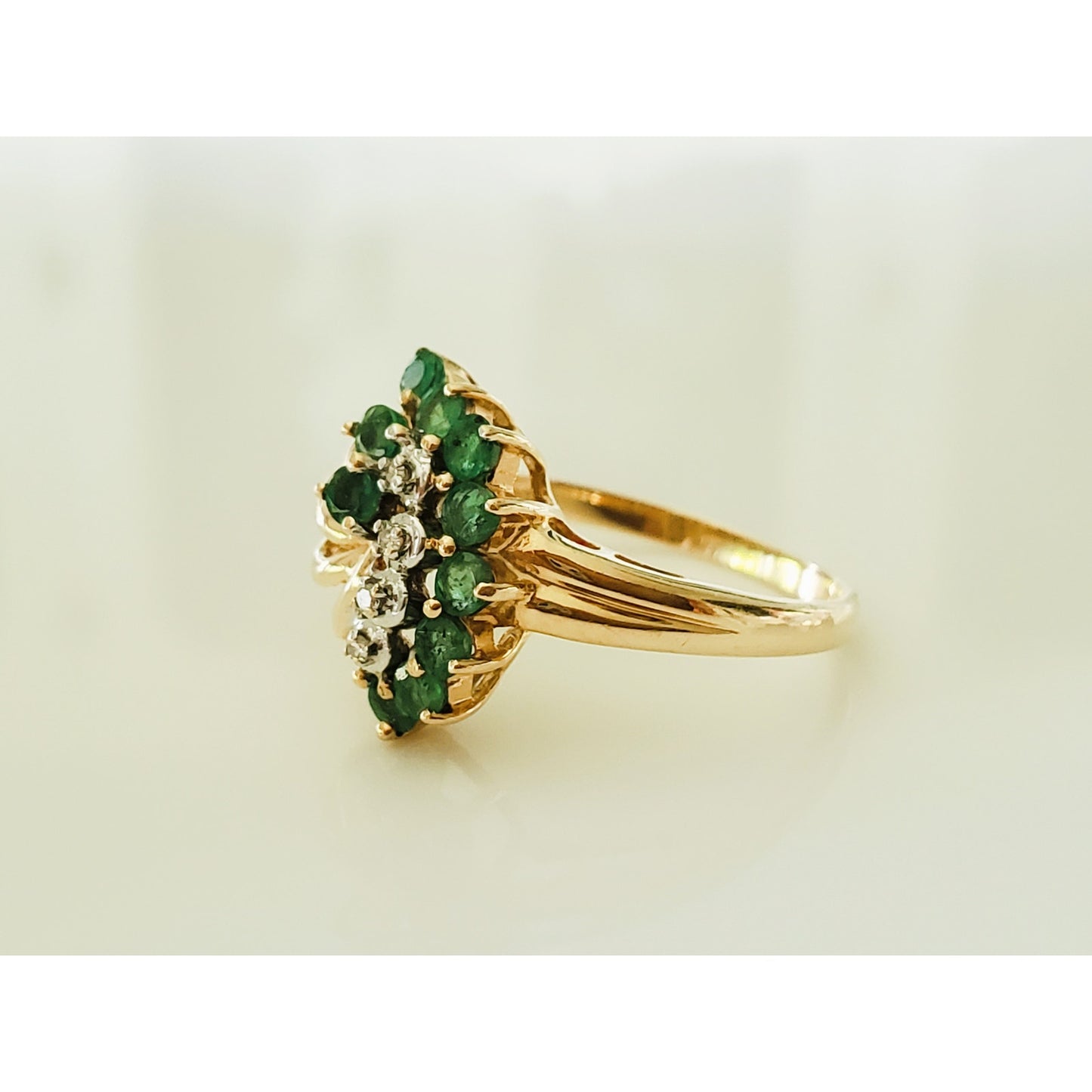 Vintage 14K Gold Emerald and Diamond Cluster Cocktail Ring