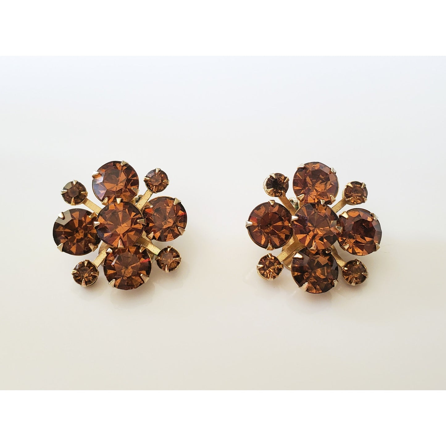 Vintage Weiss Amber Topaz Rhinestone Clip On Earrings