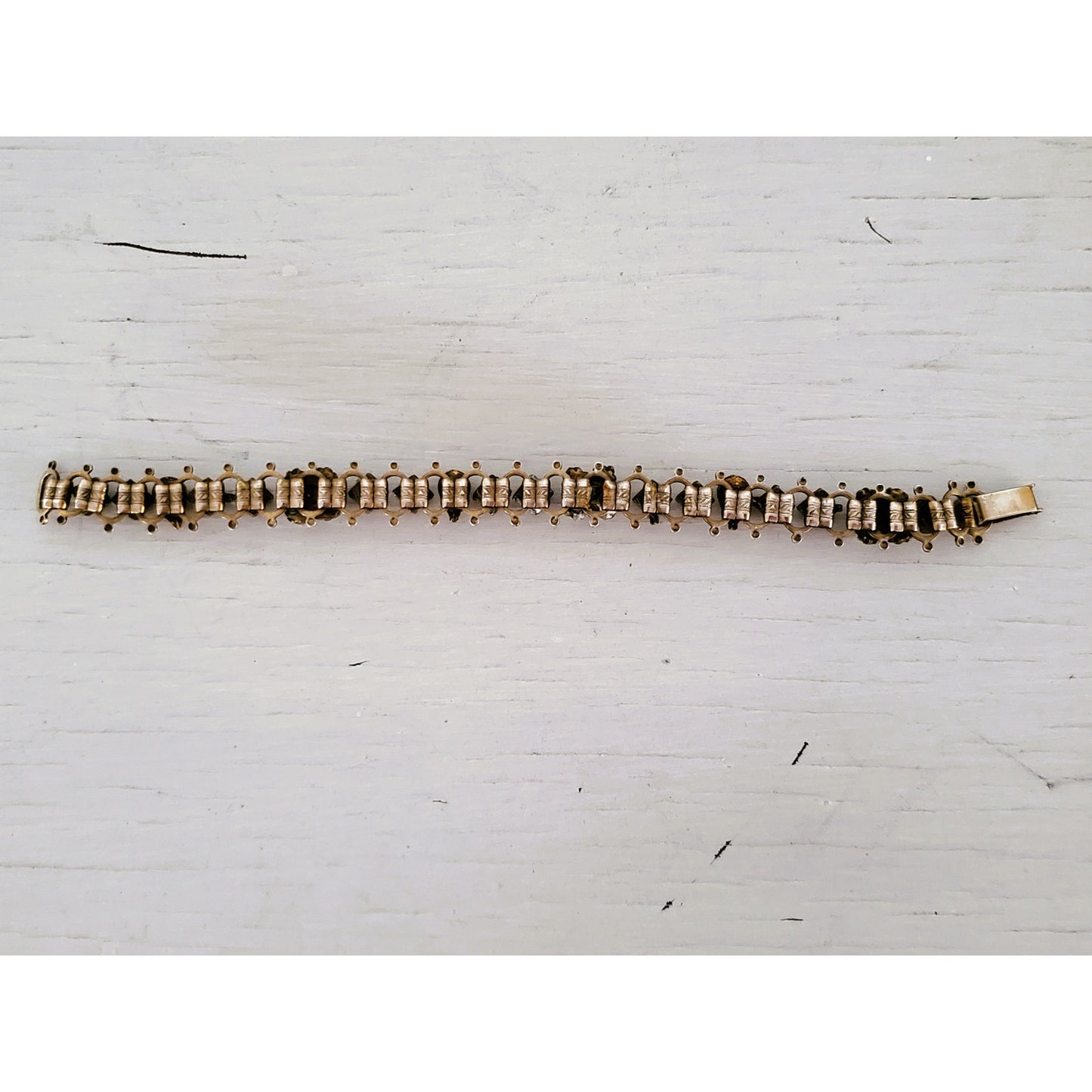 Victorian Revival Brass Filigree Faux Pearl & Glass Stone Bracelet