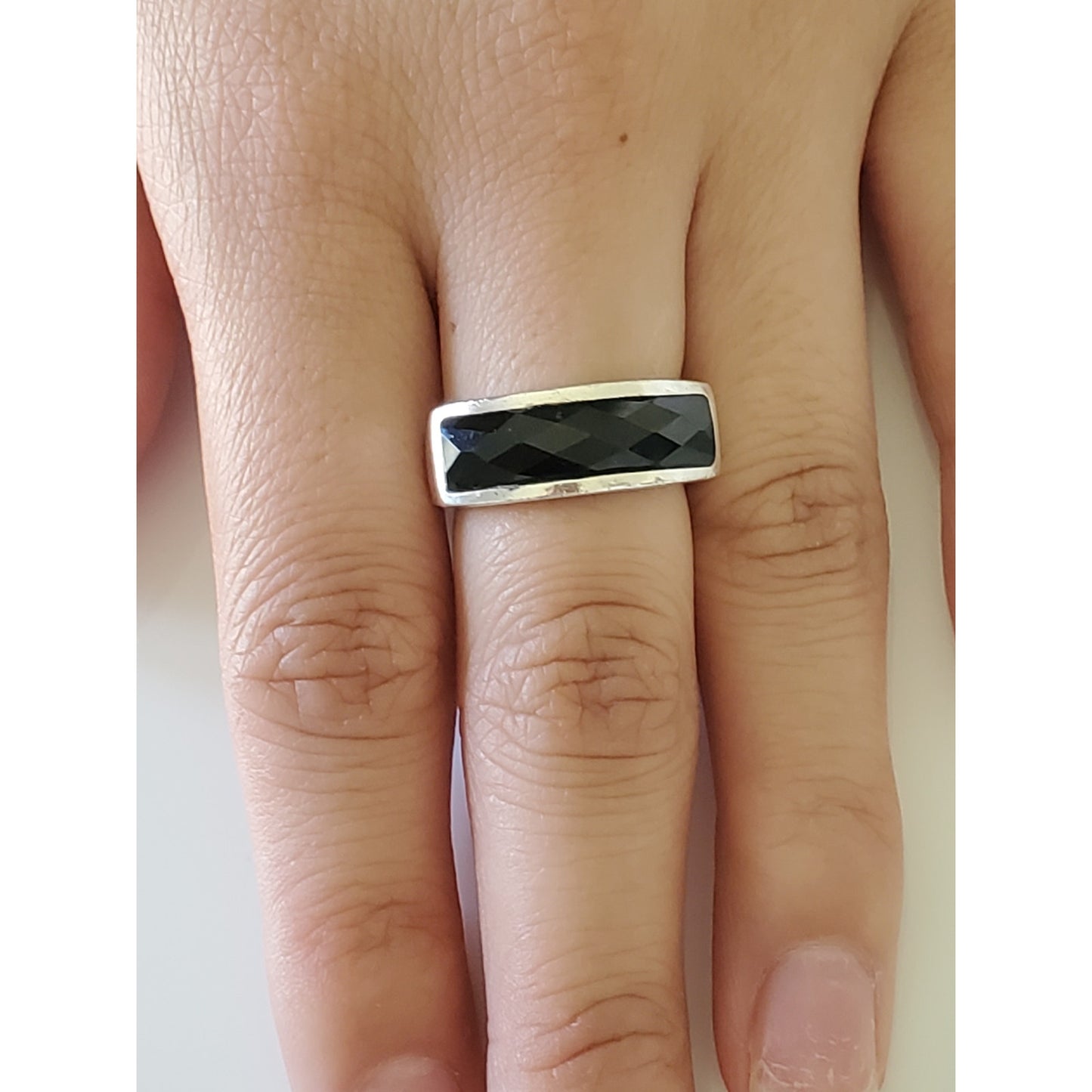 Vintage CFJ Sterling Silver Onyx Ring Band
