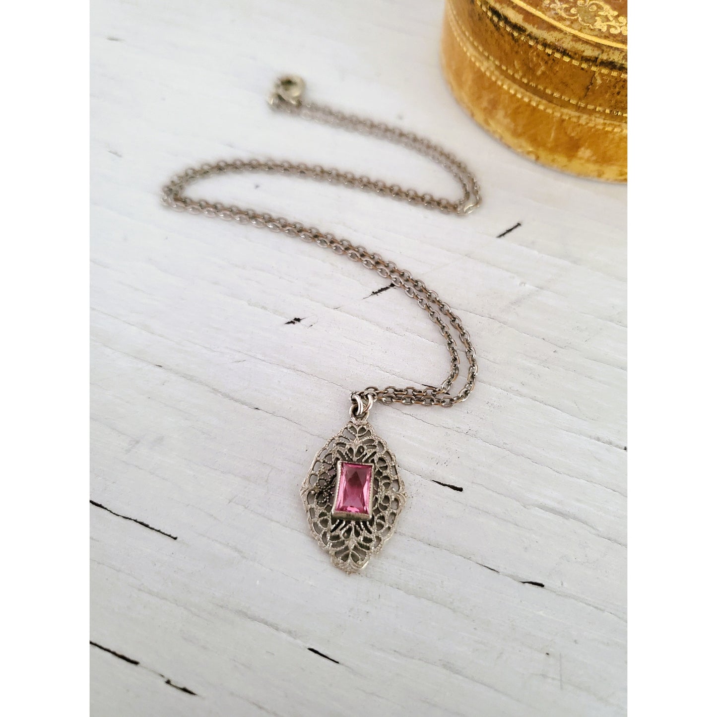 Antique Art Deco Pink Stone Filigree Child Size Necklace
