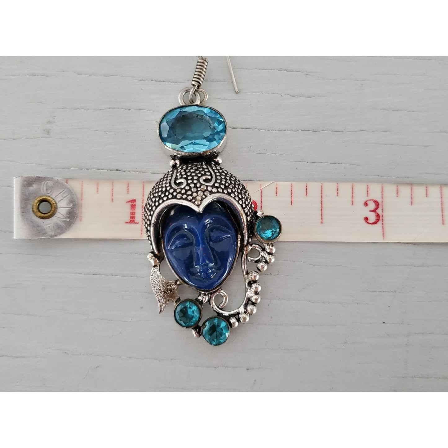 Sterling Silver Balinese Goddess Blue Face Topaz Statement Earrings