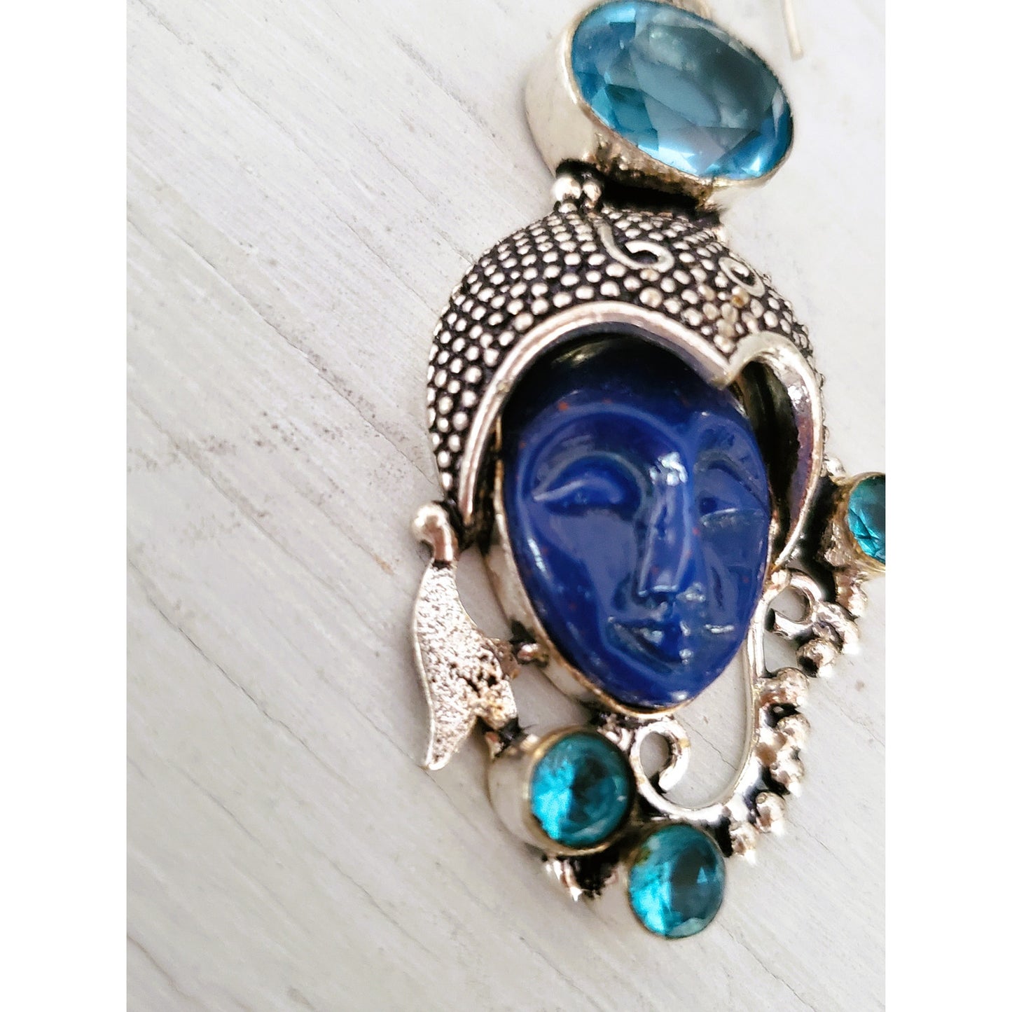 Sterling Silver Balinese Goddess Blue Face Topaz Statement Earrings