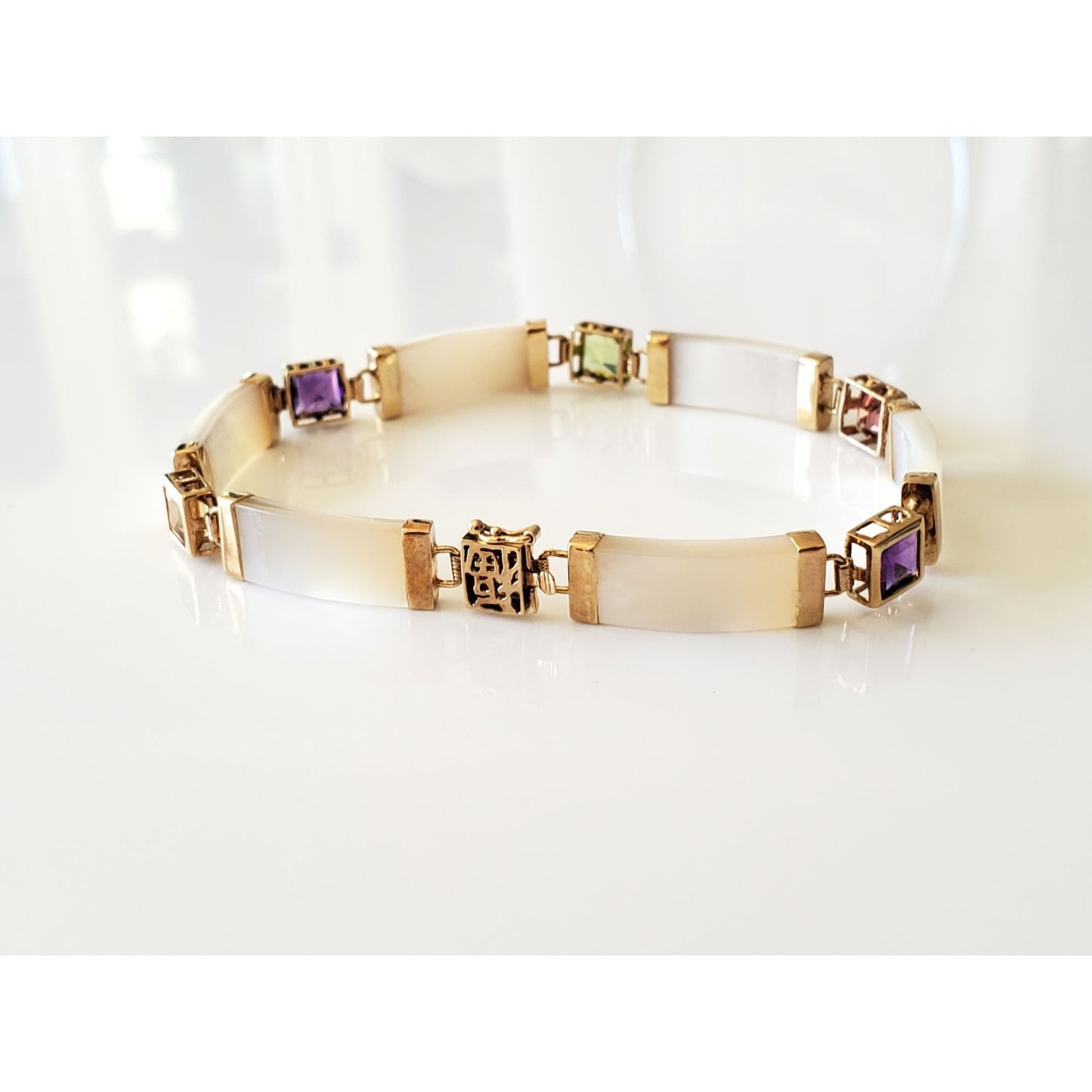 14K Gold Mother of Pearl Link Bracelet with Multi-Gem Stones
