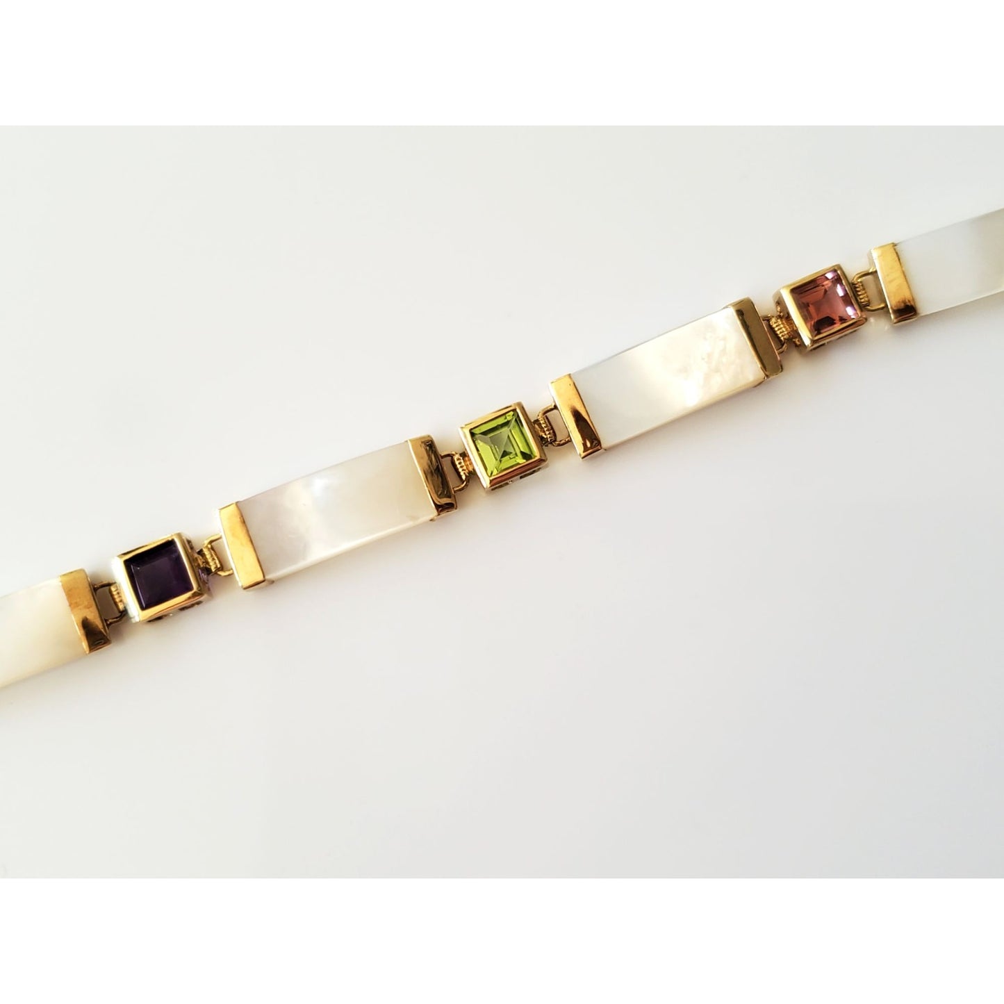 14K Gold Mother of Pearl Link Bracelet with Multi-Gem Stones