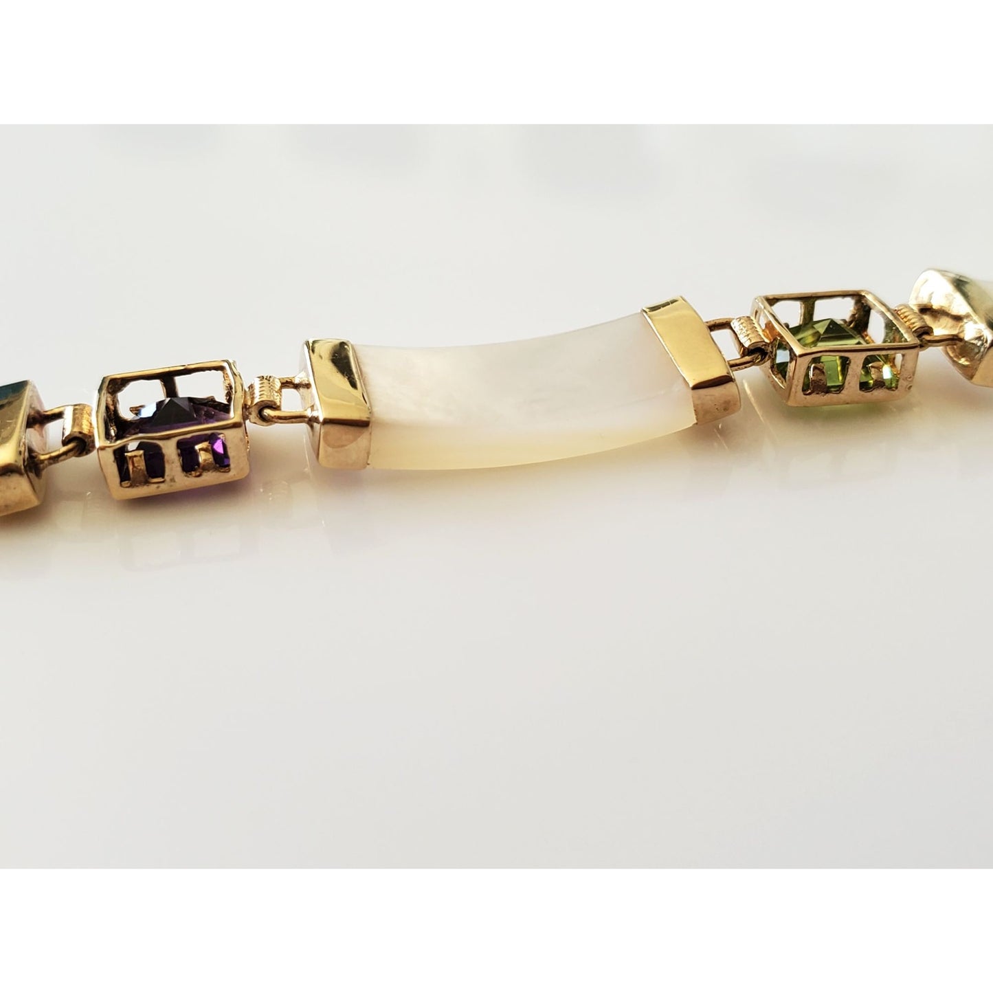 14K Gold Mother of Pearl Link Bracelet with Multi-Gem Stones