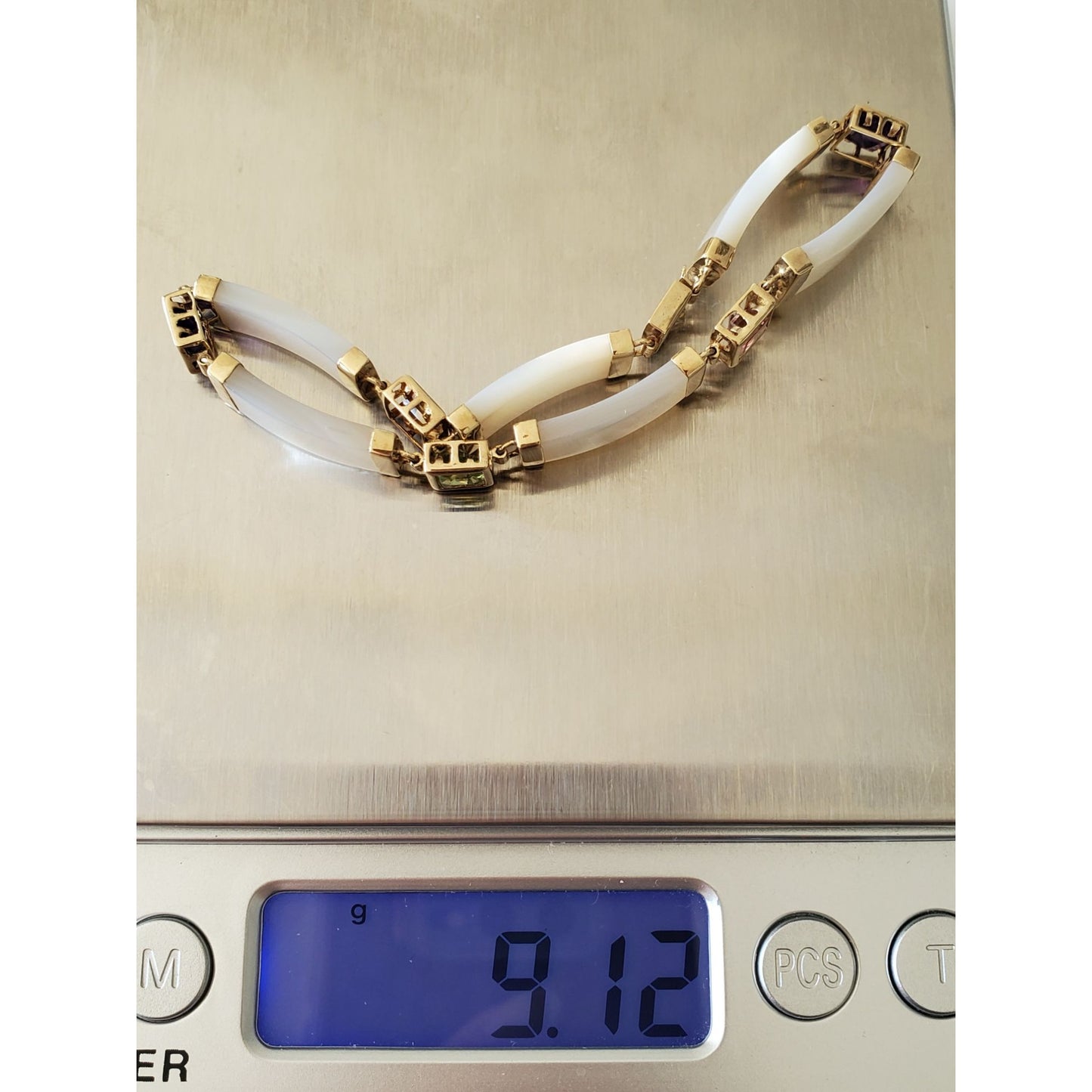 14K Gold Mother of Pearl Link Bracelet with Multi-Gem Stones