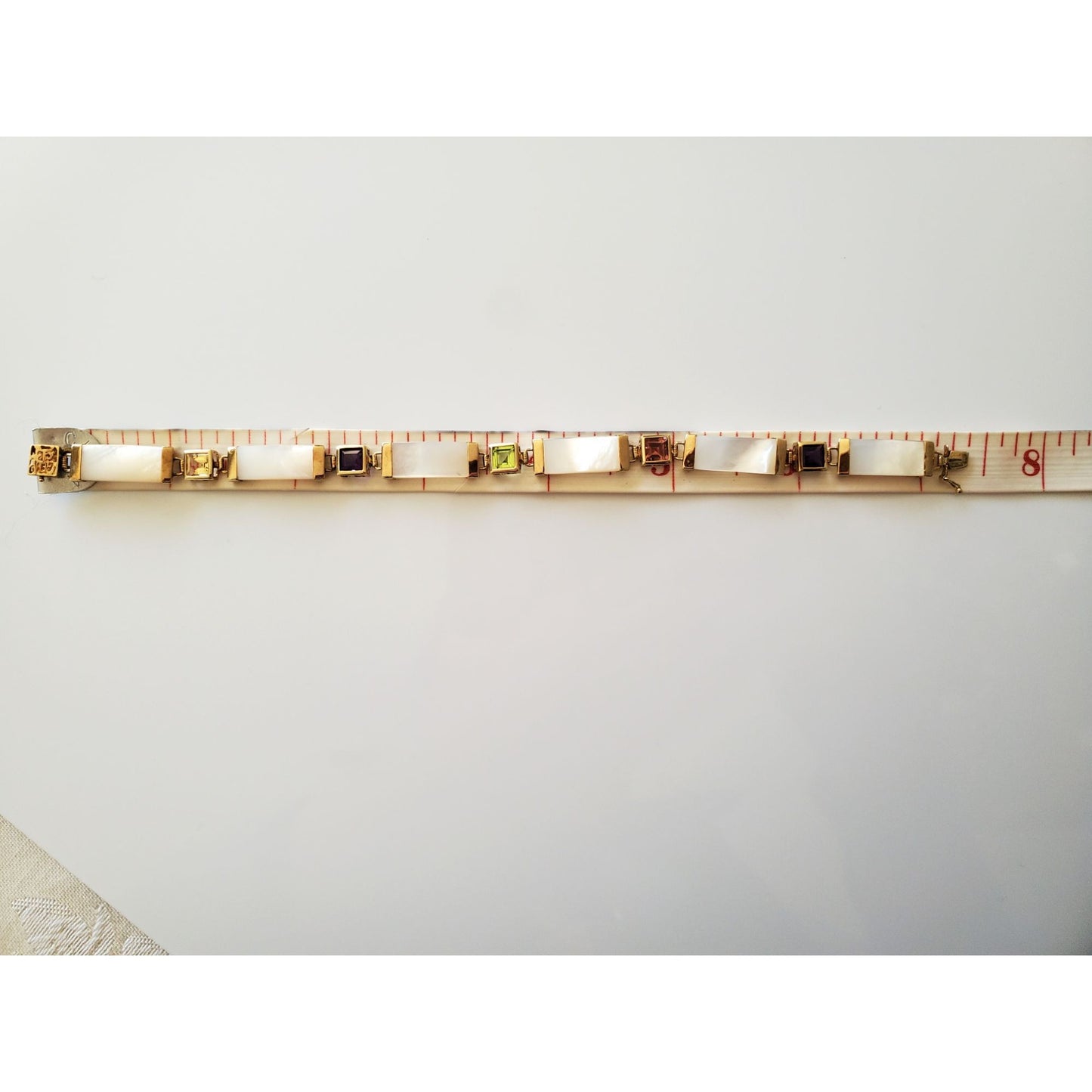 14K Gold Mother of Pearl Link Bracelet with Multi-Gem Stones