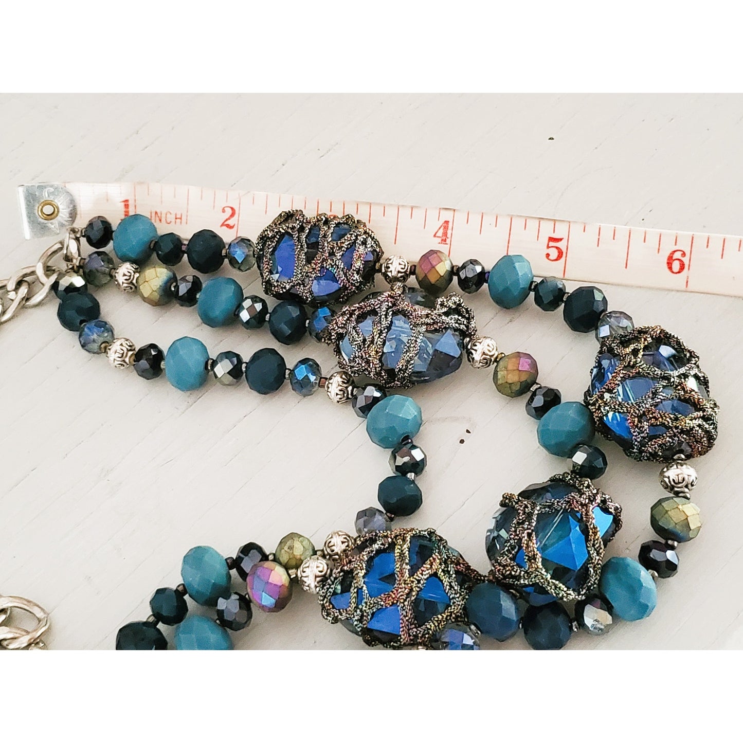 Vintage Chunky Glass Beaded Triple Strand Blue Necklace and Earring Set