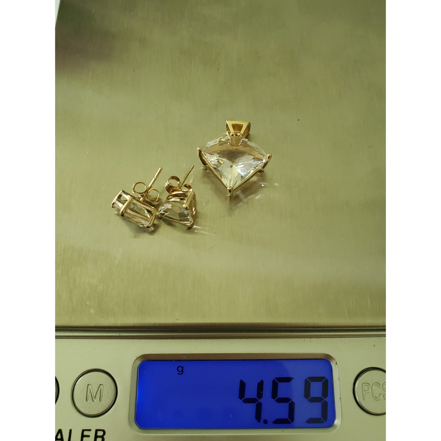 Vintage 14K Gold Triangle Crystal Zirconia Earring and Pendant Set
