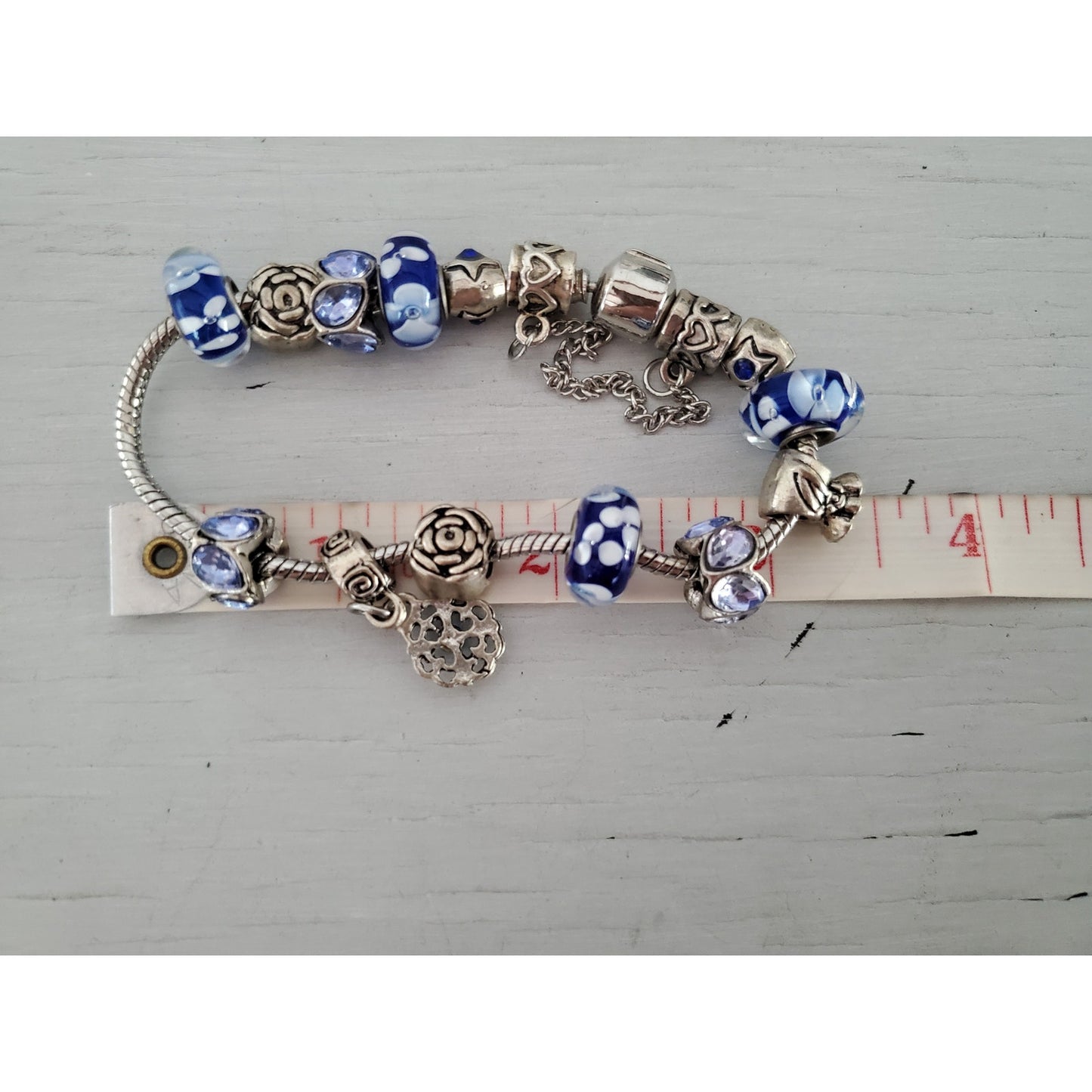 Silver-tone Blue Glass Floral Charm Bracelet