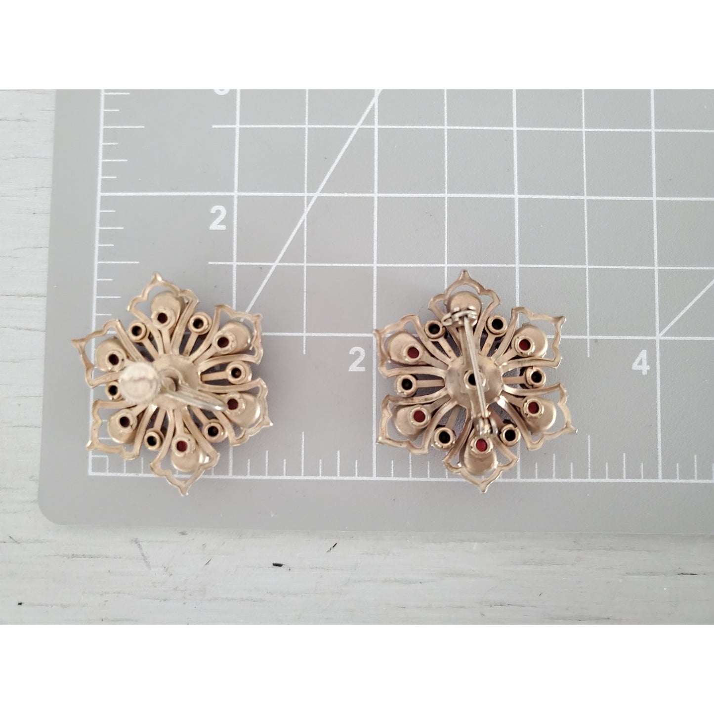Vintage MCM Floral Pink Thermal and Rhinestone Brooch and Earring Set