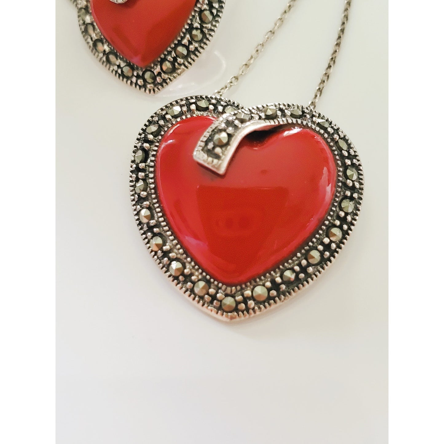 Sterling Silver Red Heart Marcasite Necklace and Earring Set