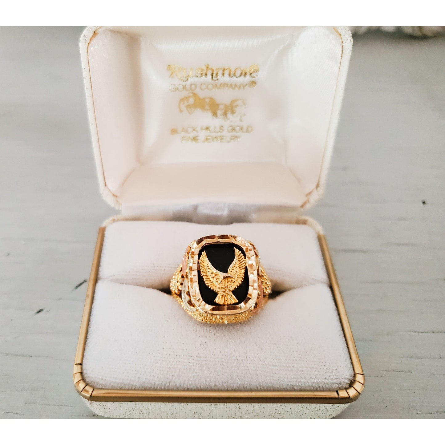 Vintage Rushmore Designer 10K Black Hills Gold and Onyx Men's Harley Davidson Ring