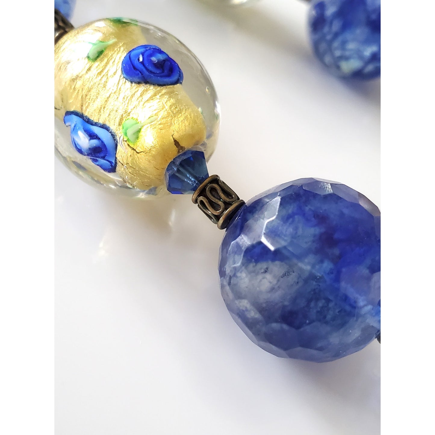 Vintage Blue Floral Glass Bead Necklace