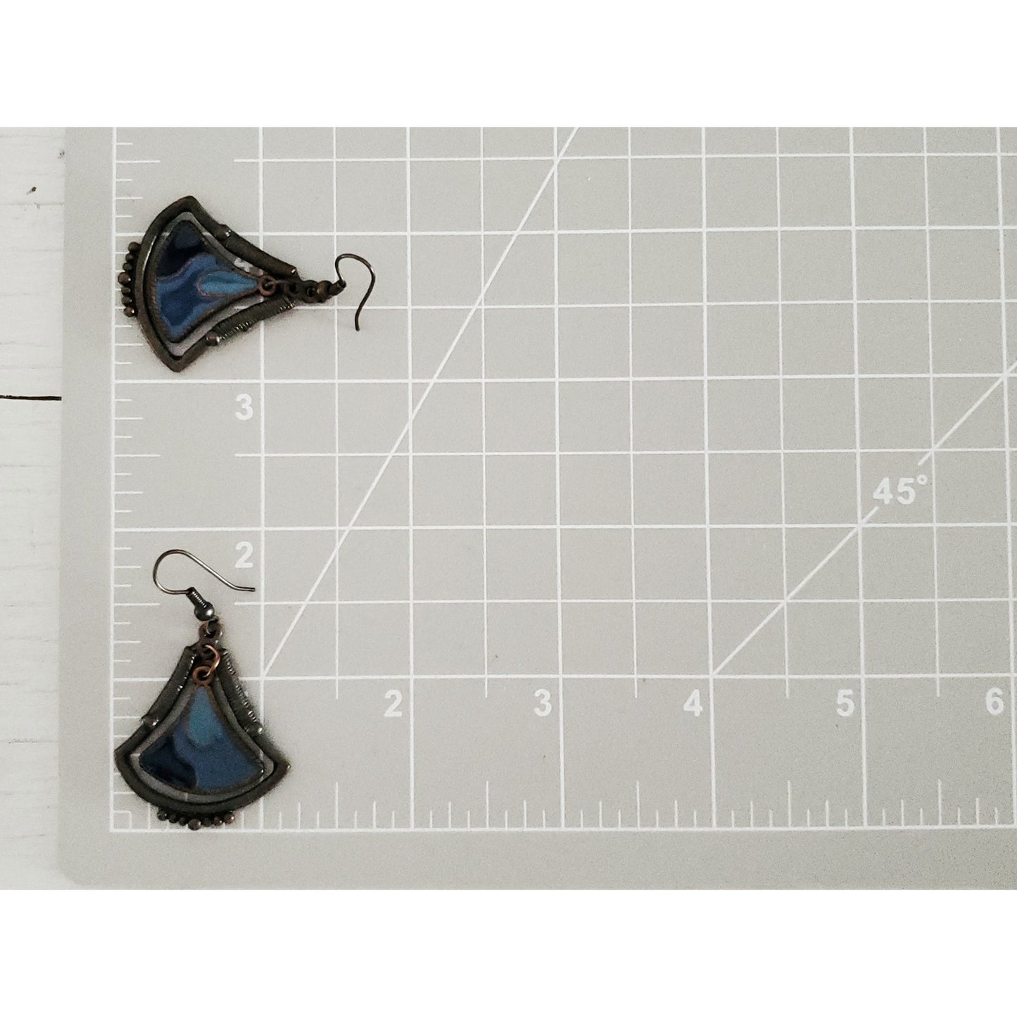 Vintage Silver-tone Blue Enamel Fan Dangle Earrings