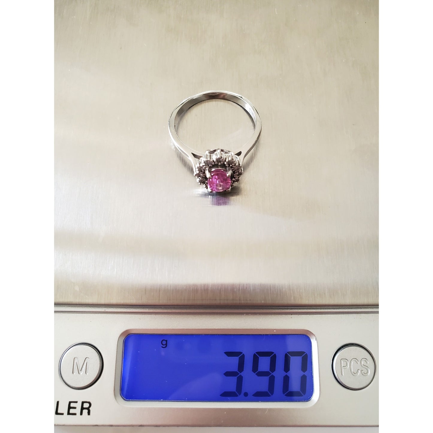 Vintage 14K White Gold Pink Ice and Diamond Halo Ring