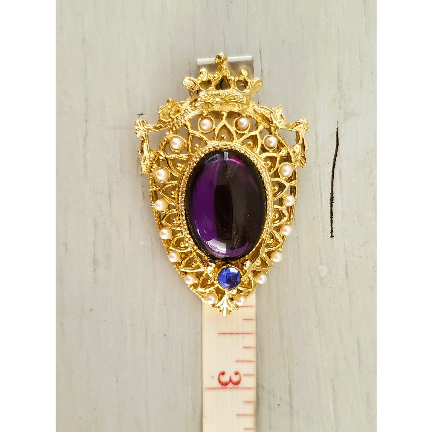 Vintage Purple Stone and Faux Pearl Crown Brooch