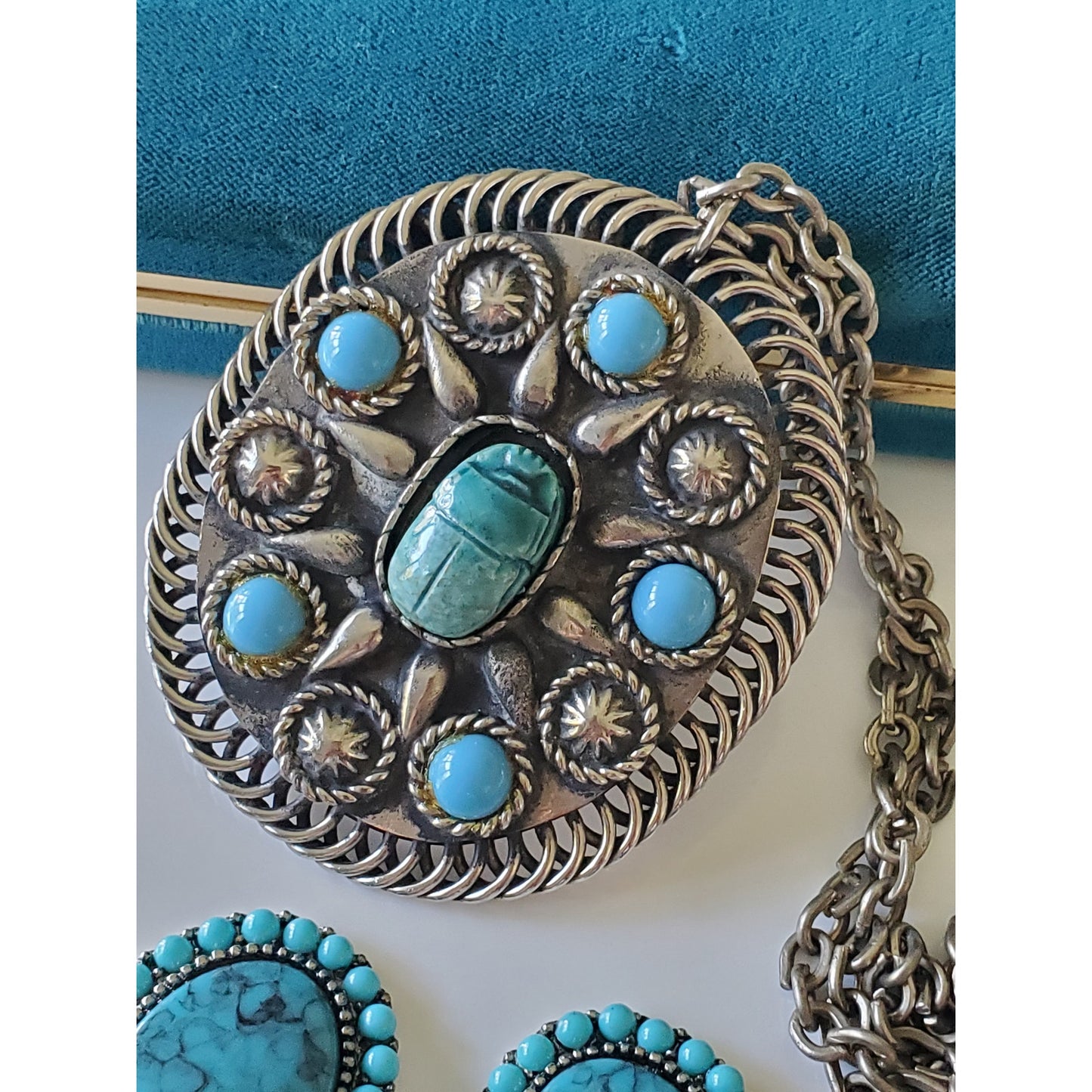 Vintage Faux Turquoise Roma Designer Earrings and Necklace