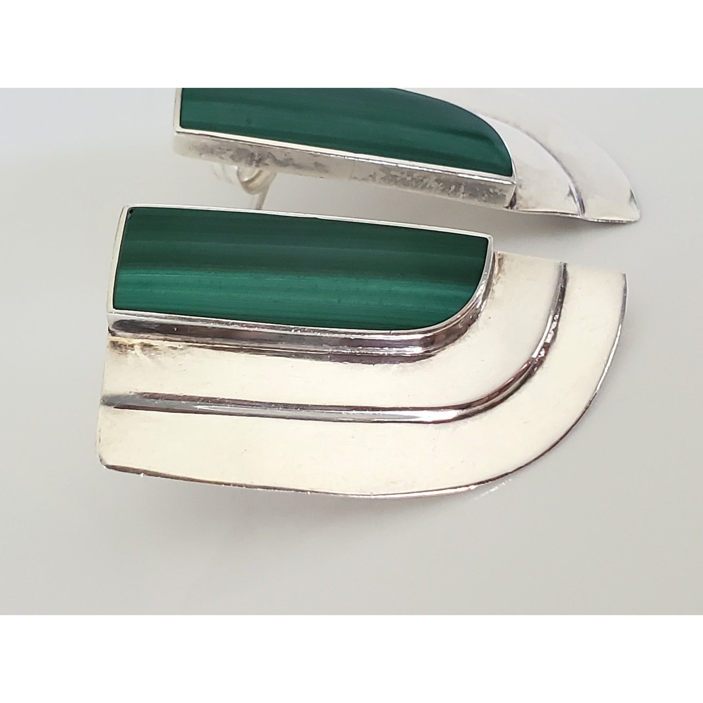 Vintage Sterling Silver Modernist Malachite Stud Earrings