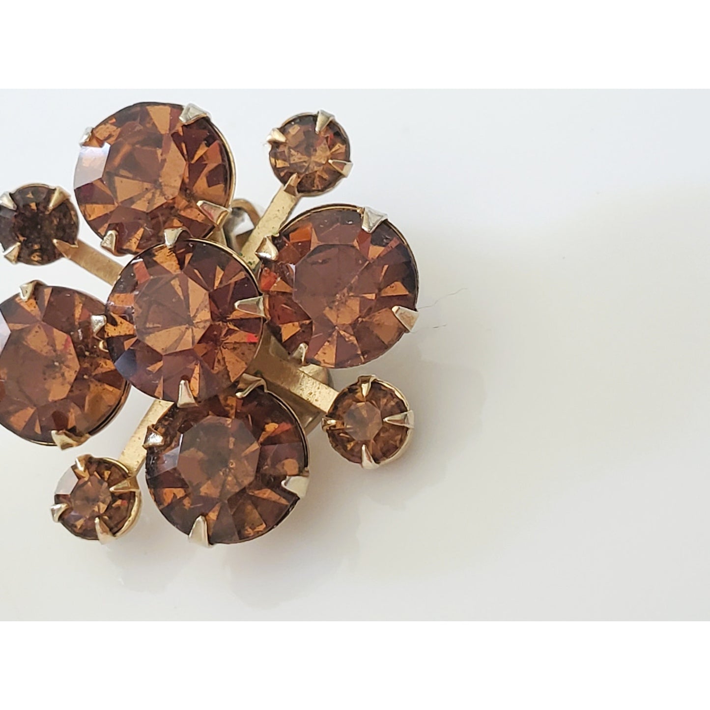 Vintage Weiss Amber Topaz Rhinestone Clip On Earrings