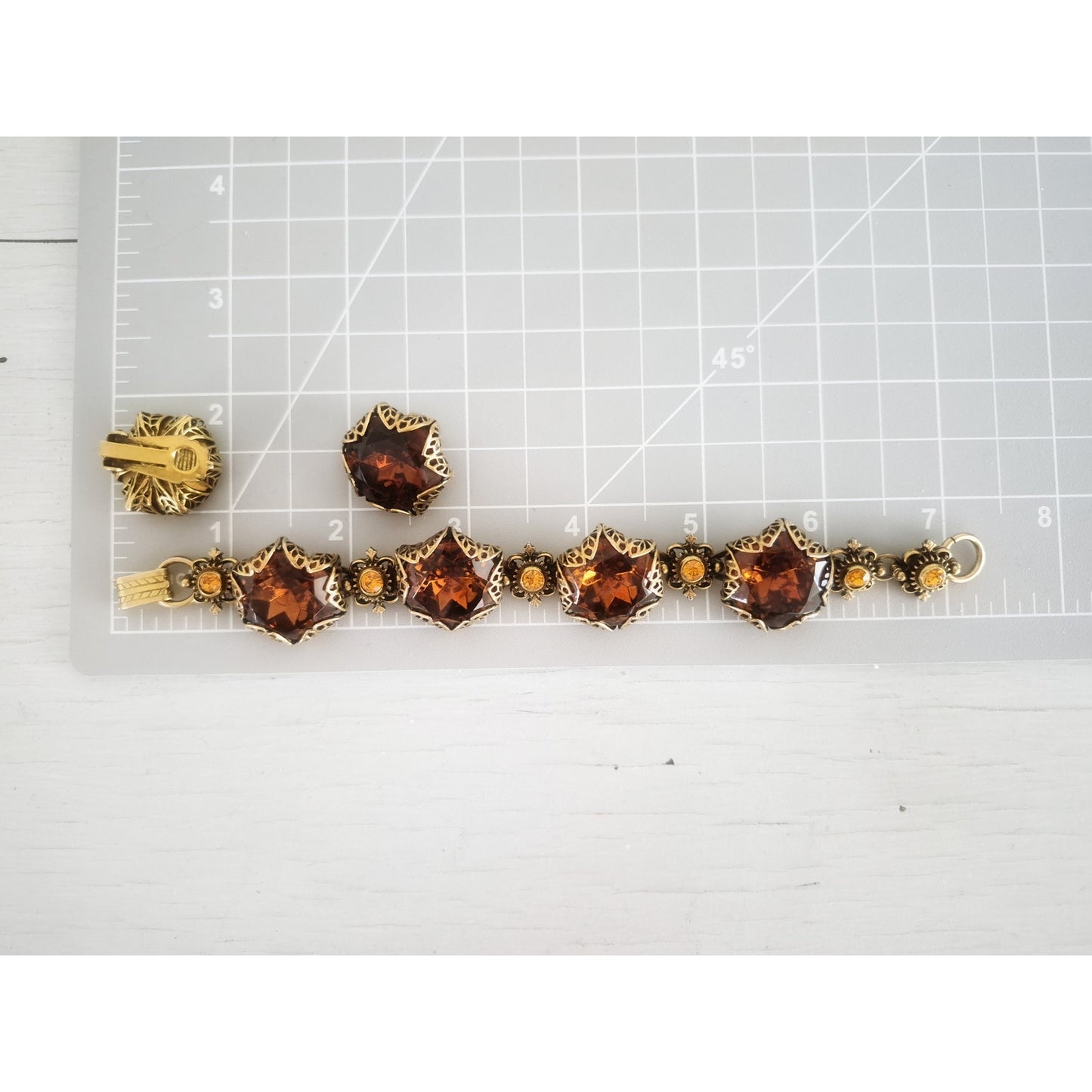 Vintage Art Deco Checho Filigree Cognac Crystal Bracelet and Earring Set