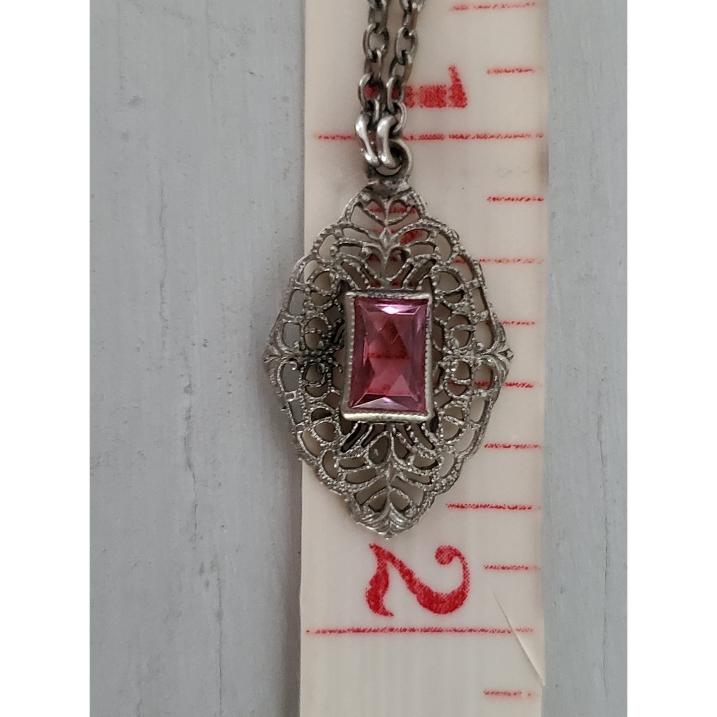 Antique Art Deco Pink Stone Filigree Child Size Necklace