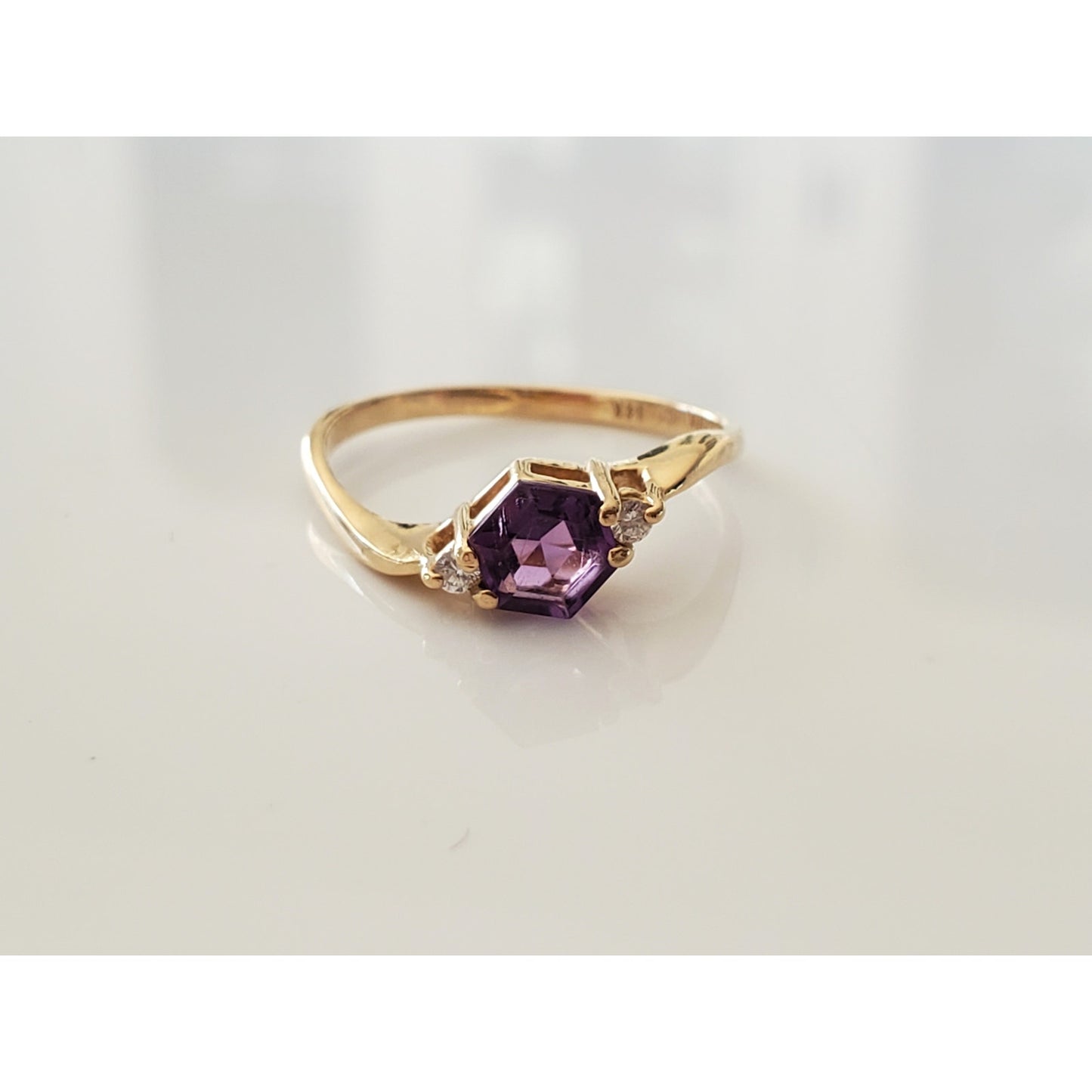 Vintage 14K Gold Kabana Designer Amethyst Hexagon and Diamond Bypass Ring