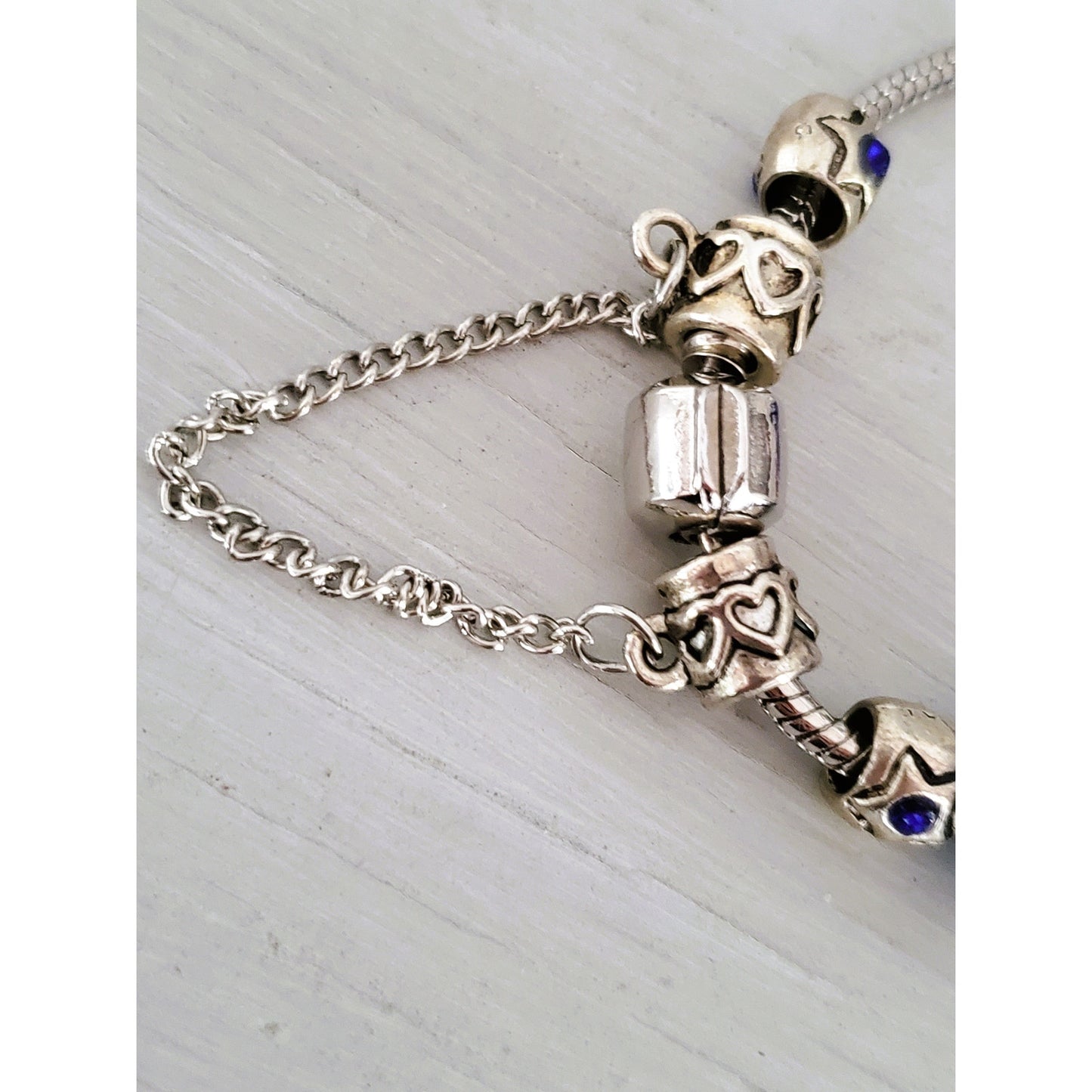 Silver-tone Blue Glass Floral Charm Bracelet