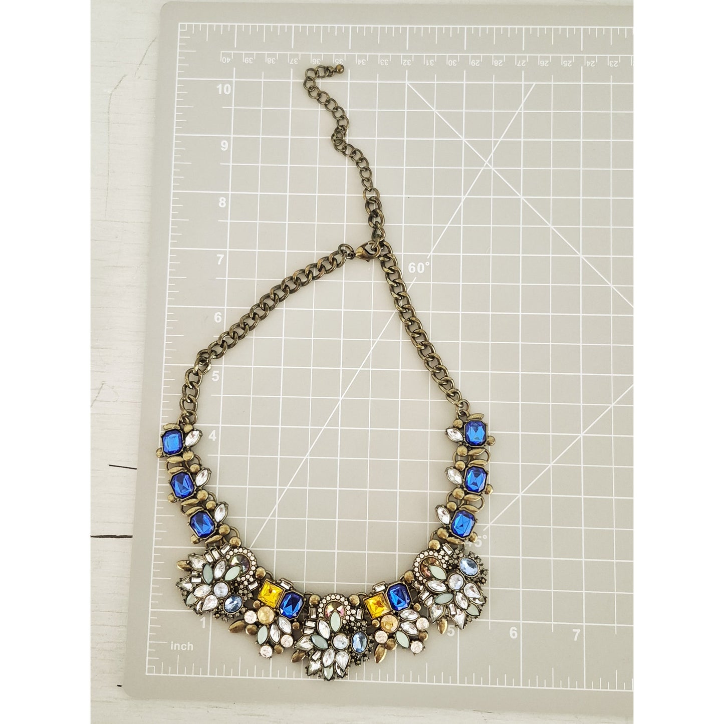 Vintage Blue White and Yellow Rhinestone Statement Necklace