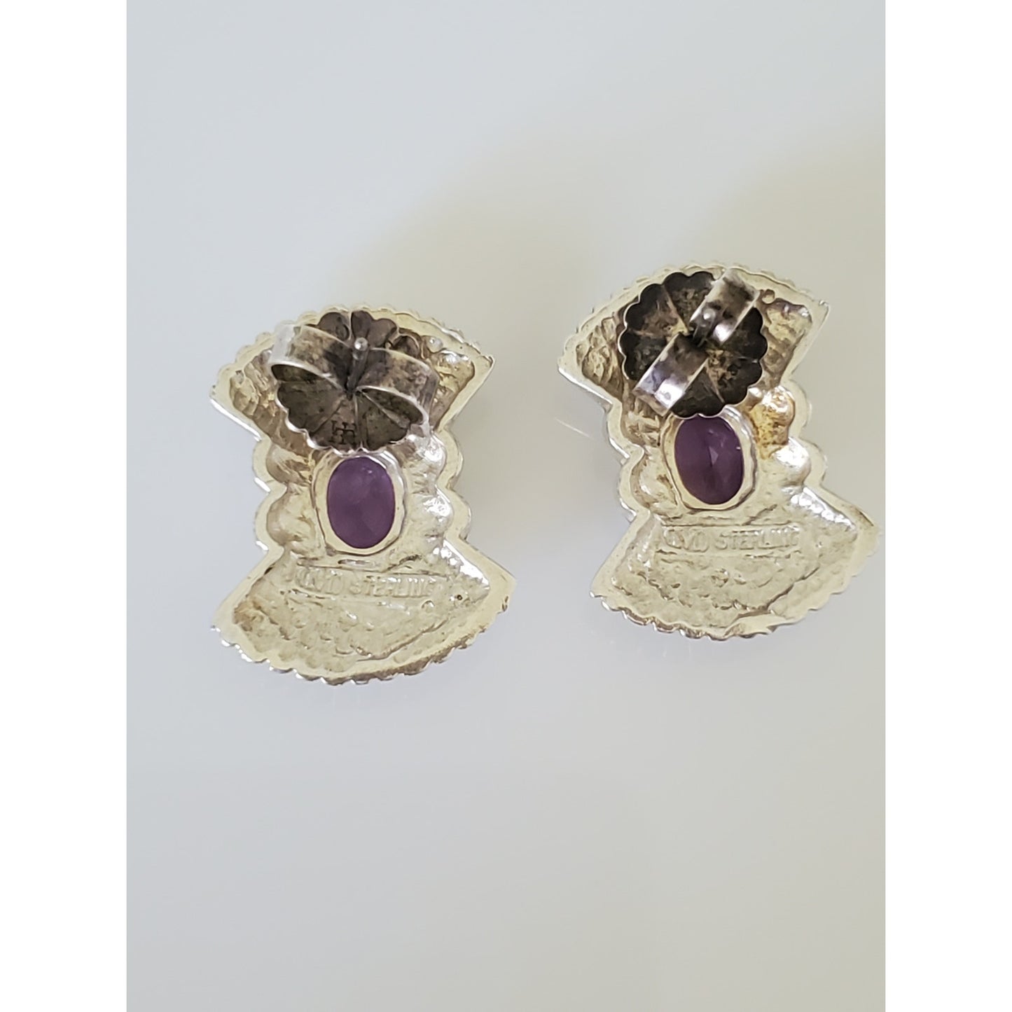 Vintage Ribbed Sterling Silver Amethyst Stud Earrings