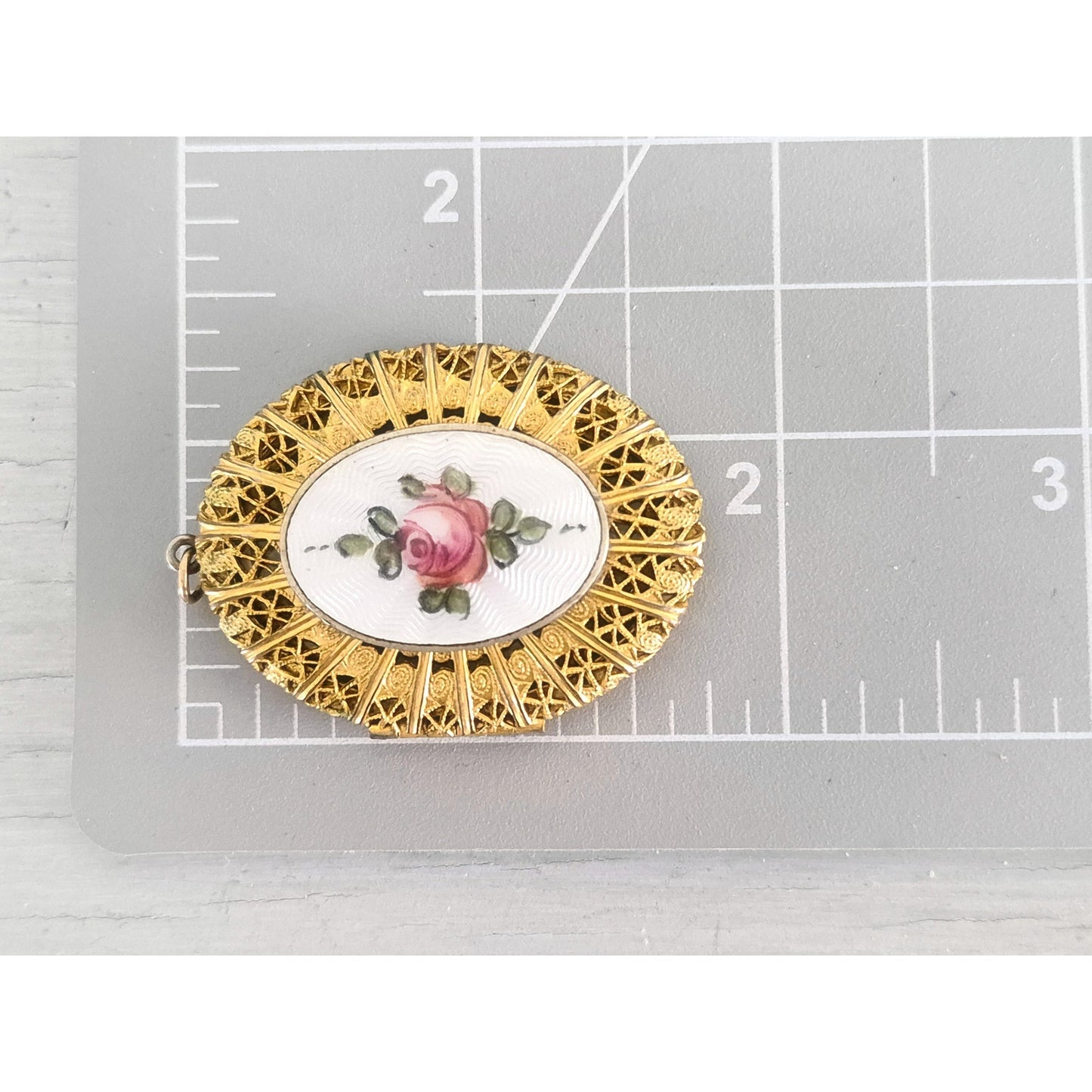 Antique Gold Tone Filigree Guilloche Enamel Photo Locket Pendant