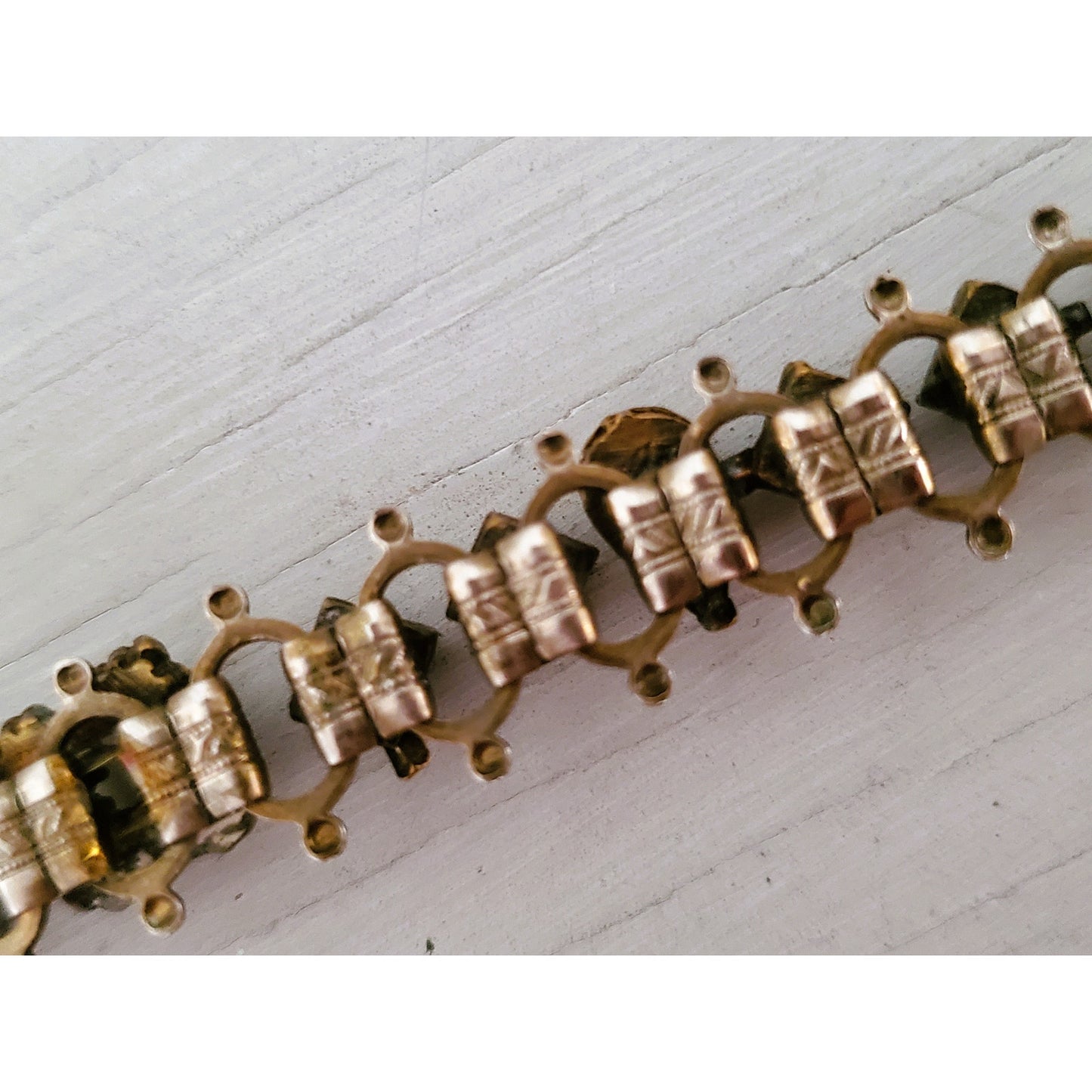 Victorian Revival Brass Filigree Faux Pearl & Glass Stone Bracelet