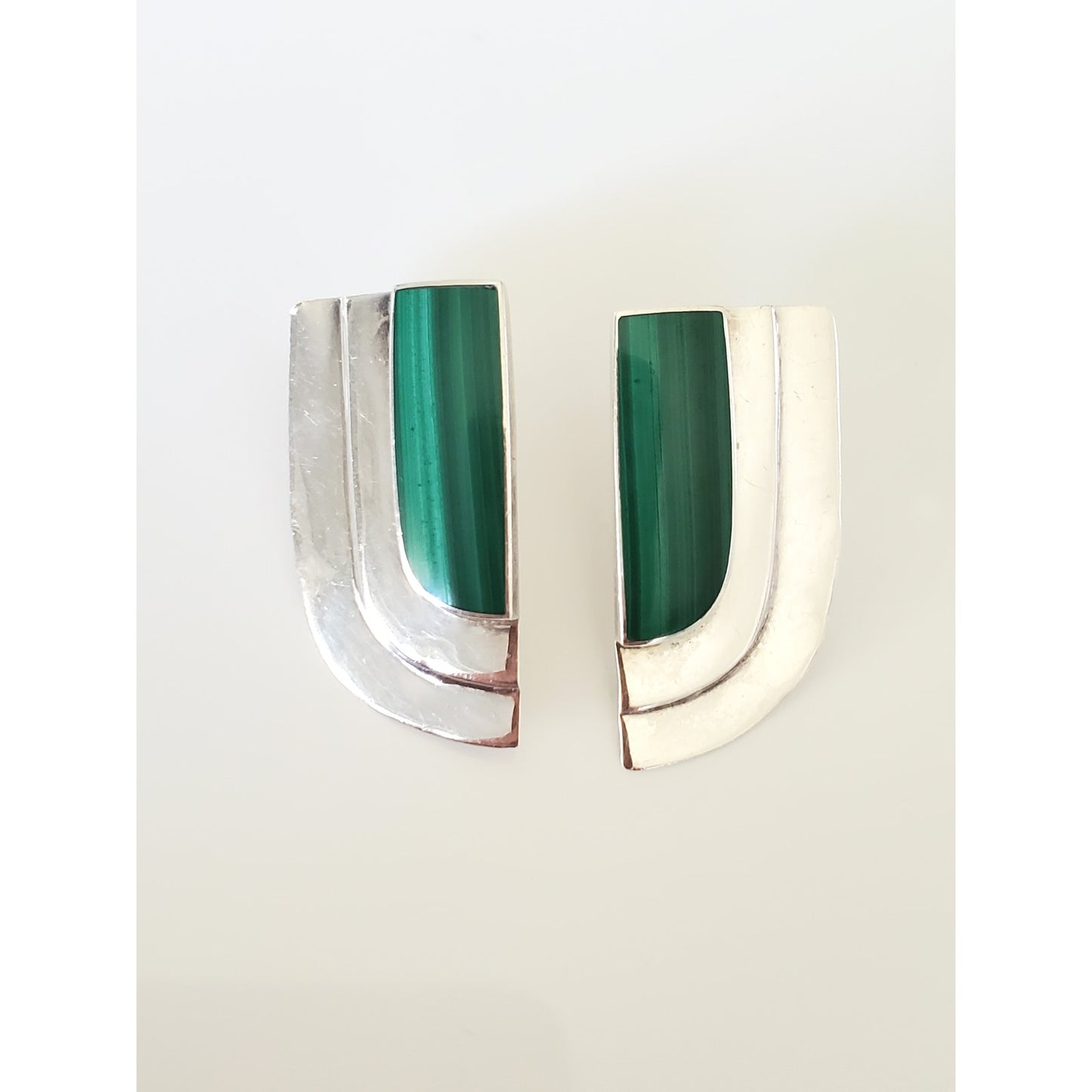 Vintage Sterling Silver Modernist Malachite Stud Earrings